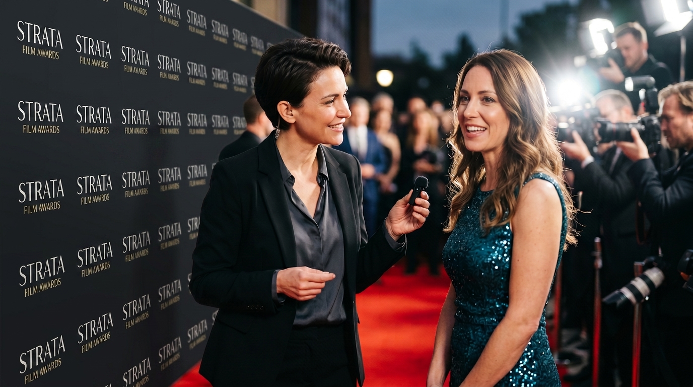 Strommen Inc. interpreter mid-interview on a red carpet at a film premiere.