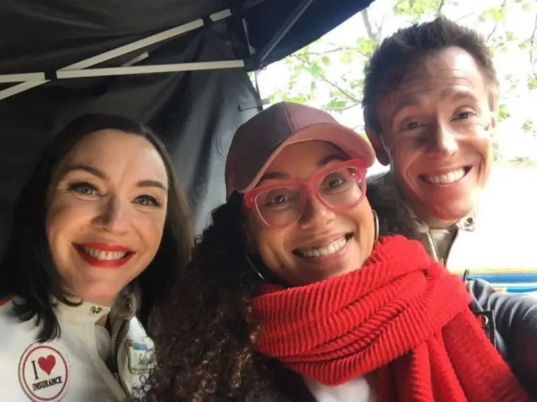 Flo from Progressive (Stephanie Courtney) on set with Strommen