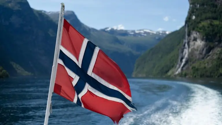 A flag flying from a boat in a body of water