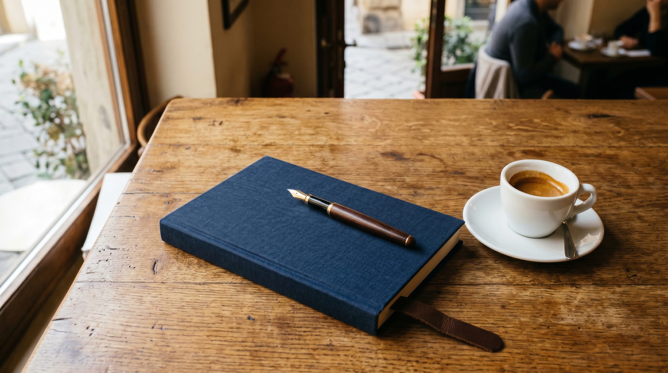 Open Italian textbook on a wooden cafe table with espresso