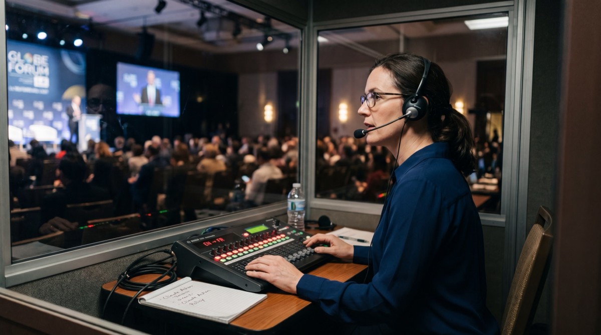 Conference interpreter in a simultaneous interpreting booth in Los Angeles — Strommen