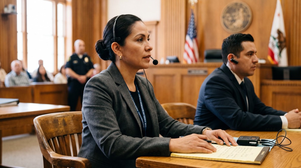 Court interpreter at work in a Los Angeles courtroom — Strommen