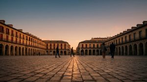 Plaza Mayor in Madrid at golden hour, the Espanol en Vivo Strommen Spanish textbook hero