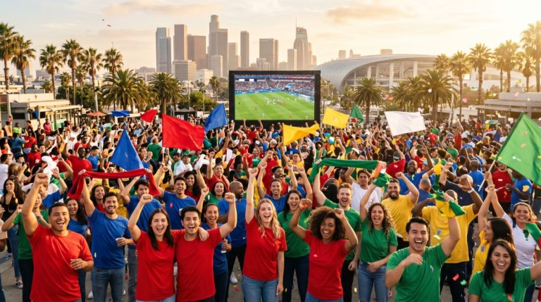 Crowd of soccer fans celebrating at an outdoor World Cup watch party in Los Angeles