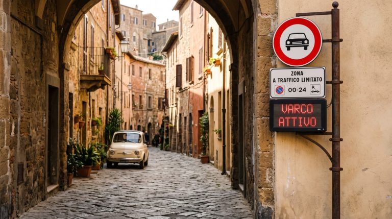 ZTL zona a traffico limitato sign with varco attivo display at the entrance to an Italian historic center