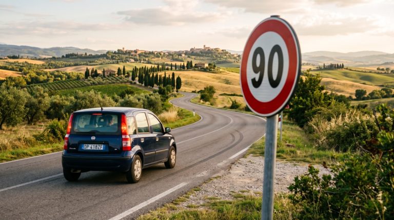 Car driving on an Italian country road past a 90 km/h speed limit sign