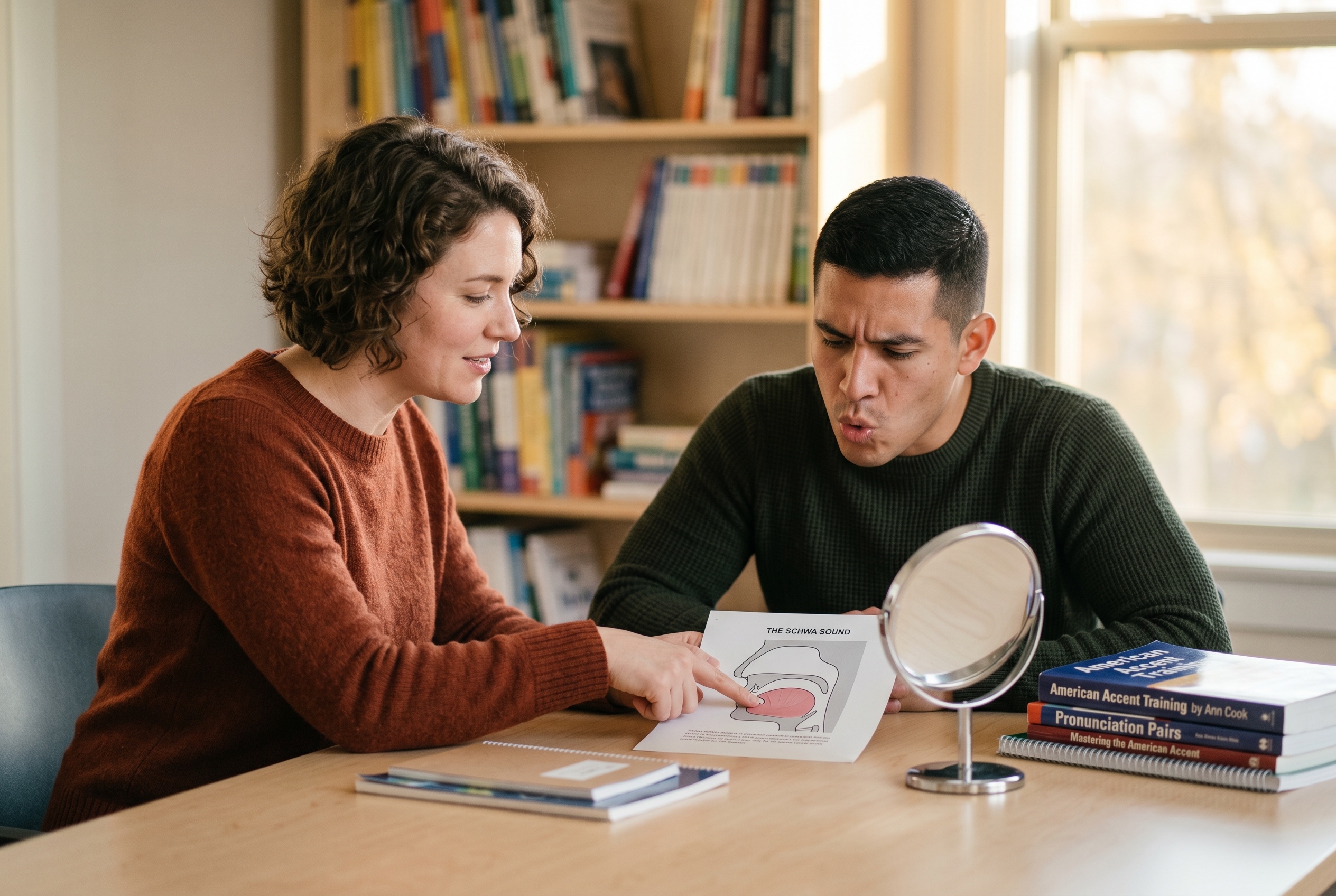 American accent training tutor working with an adult professional on pronunciation