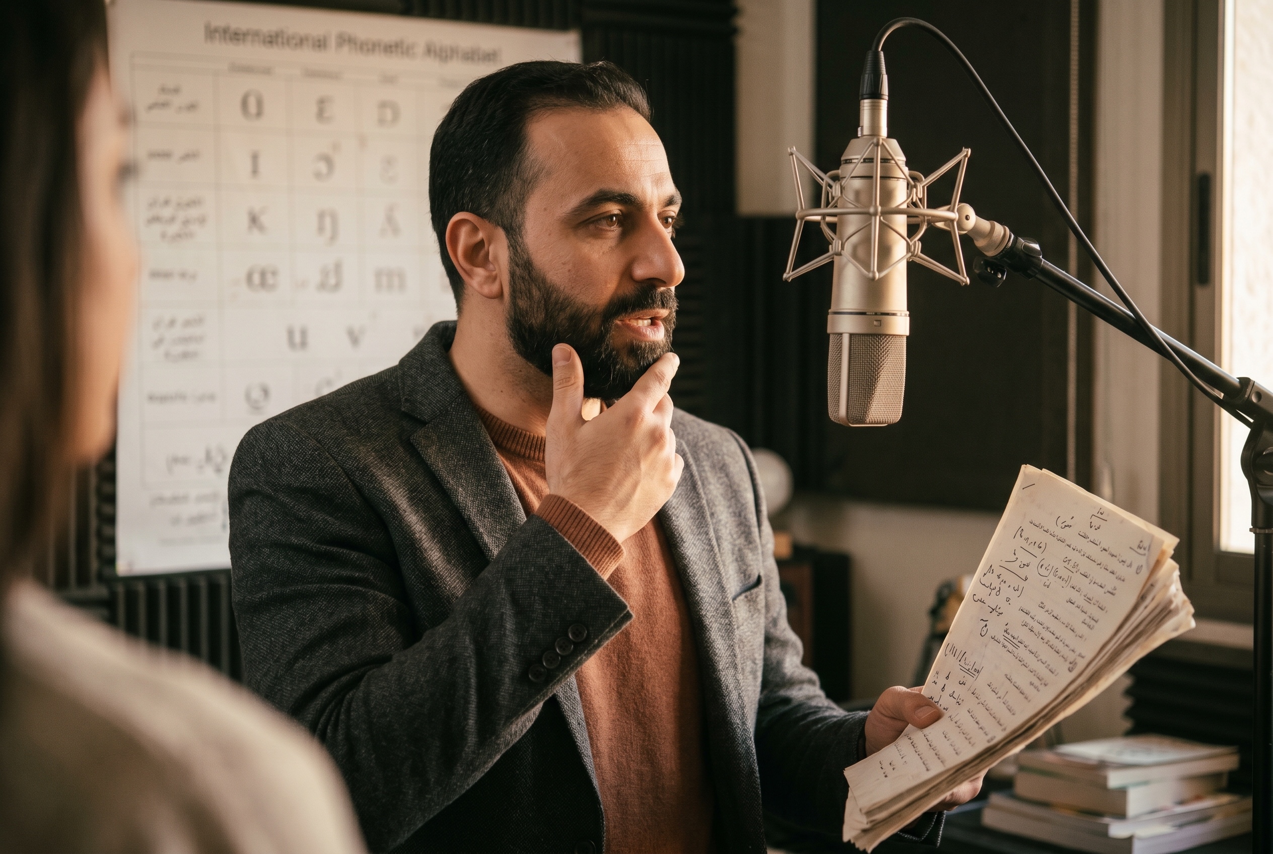 Arabic dialect coach working through a script with an actor