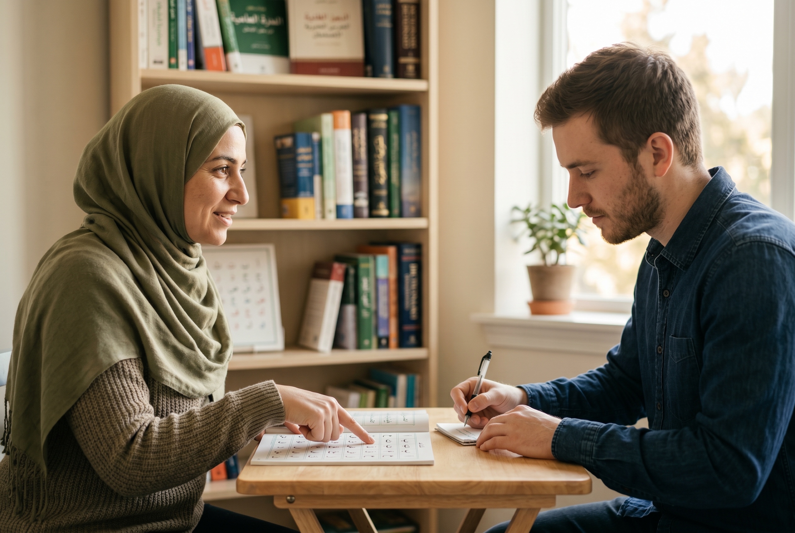 Arabic tutor teaching a beginner student the alphabet — Strommen
