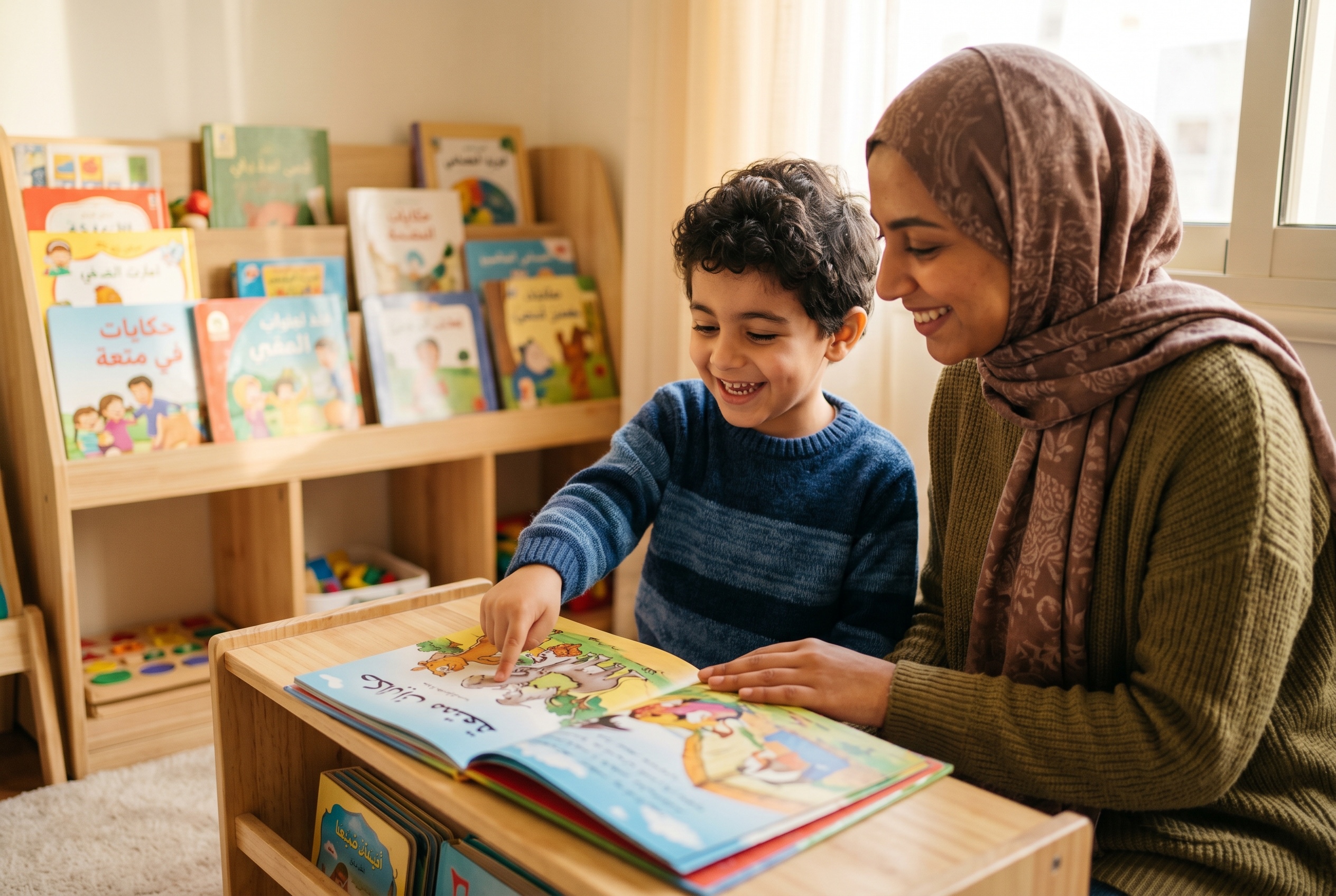 Arabic tutor reading a picture book with a young child learning the alif-baa-taa — Strommen