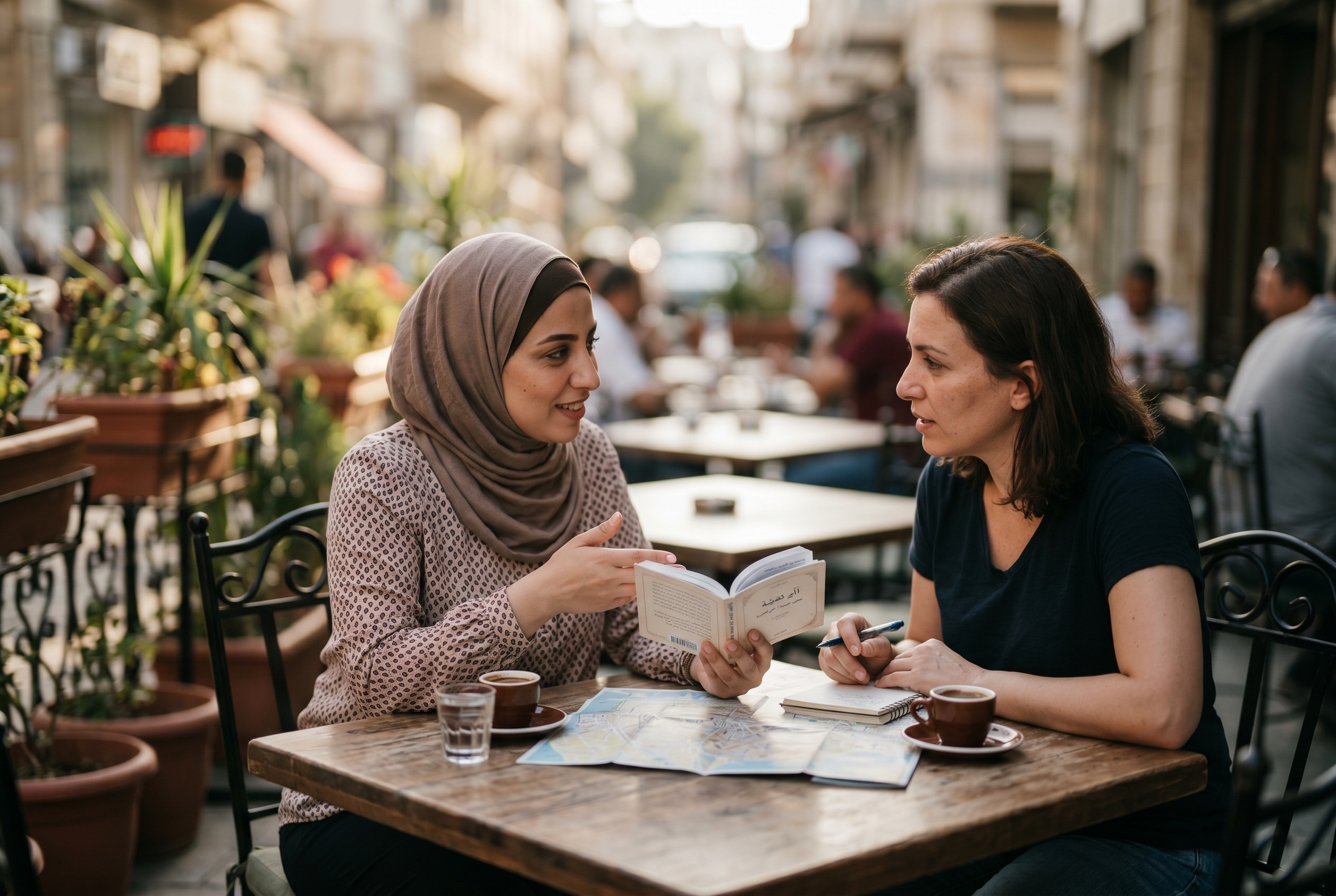Arabic tutor coaching a traveler on phrases for a souk and taxi exchange — Strommen