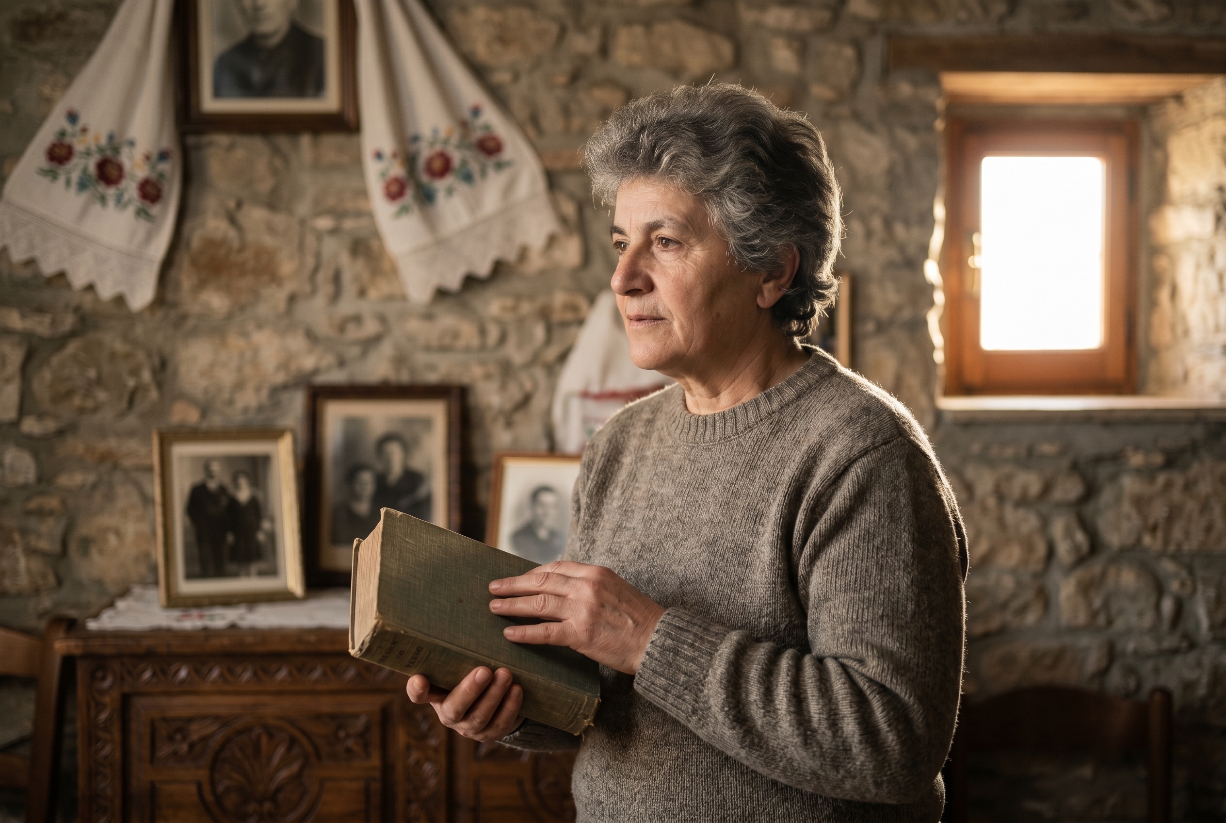 Arbëresh heritage-language tutor working with a student on family papers and a Calabrian village name list