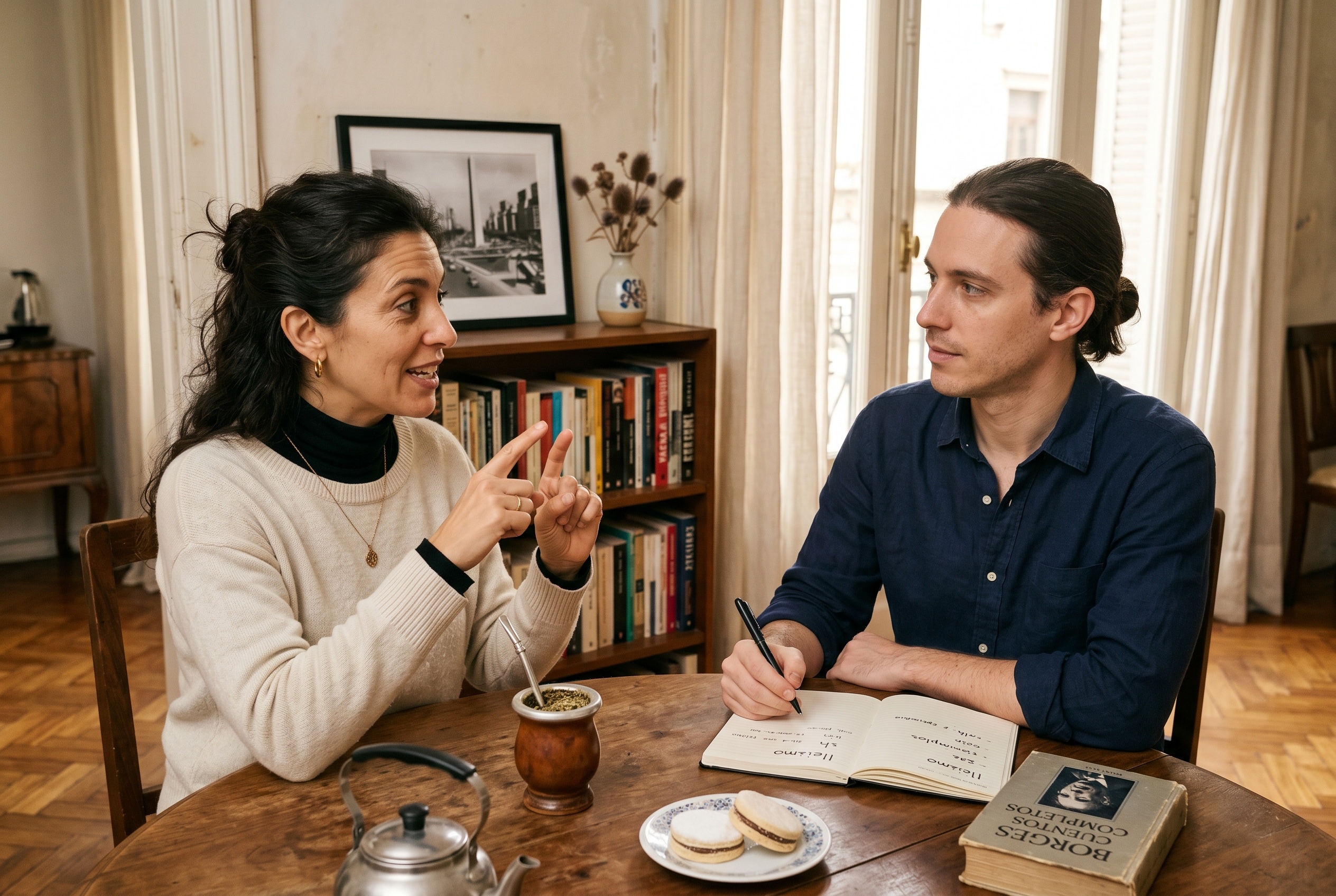 Argentinian Spanish tutor and adult student in conversation in a Buenos Aires apartment with yerba mate on the table — Strommen