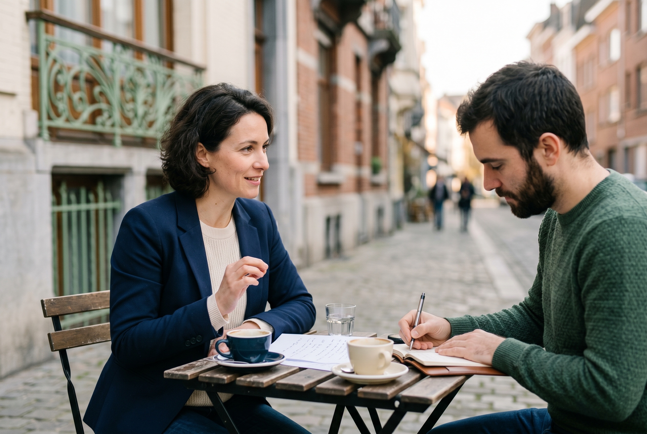 Belgian French tutor and adult student in conversation in a sunlit Brussels apartment — Strommen