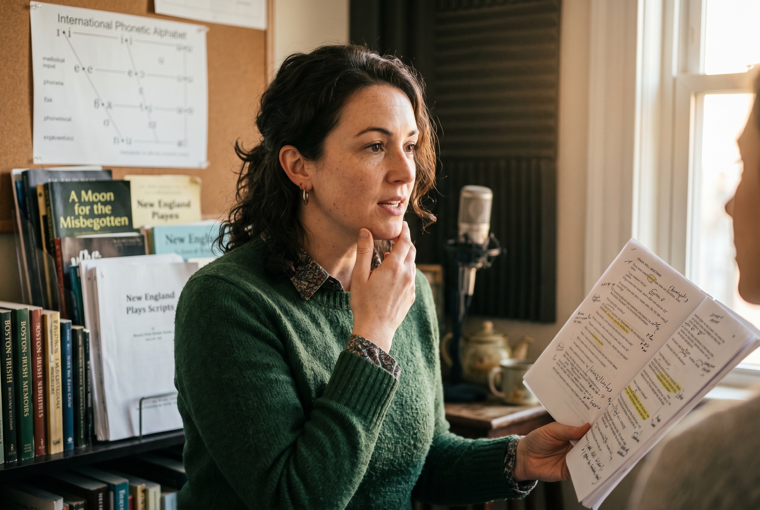 Boston accent coach working through a script with an actor