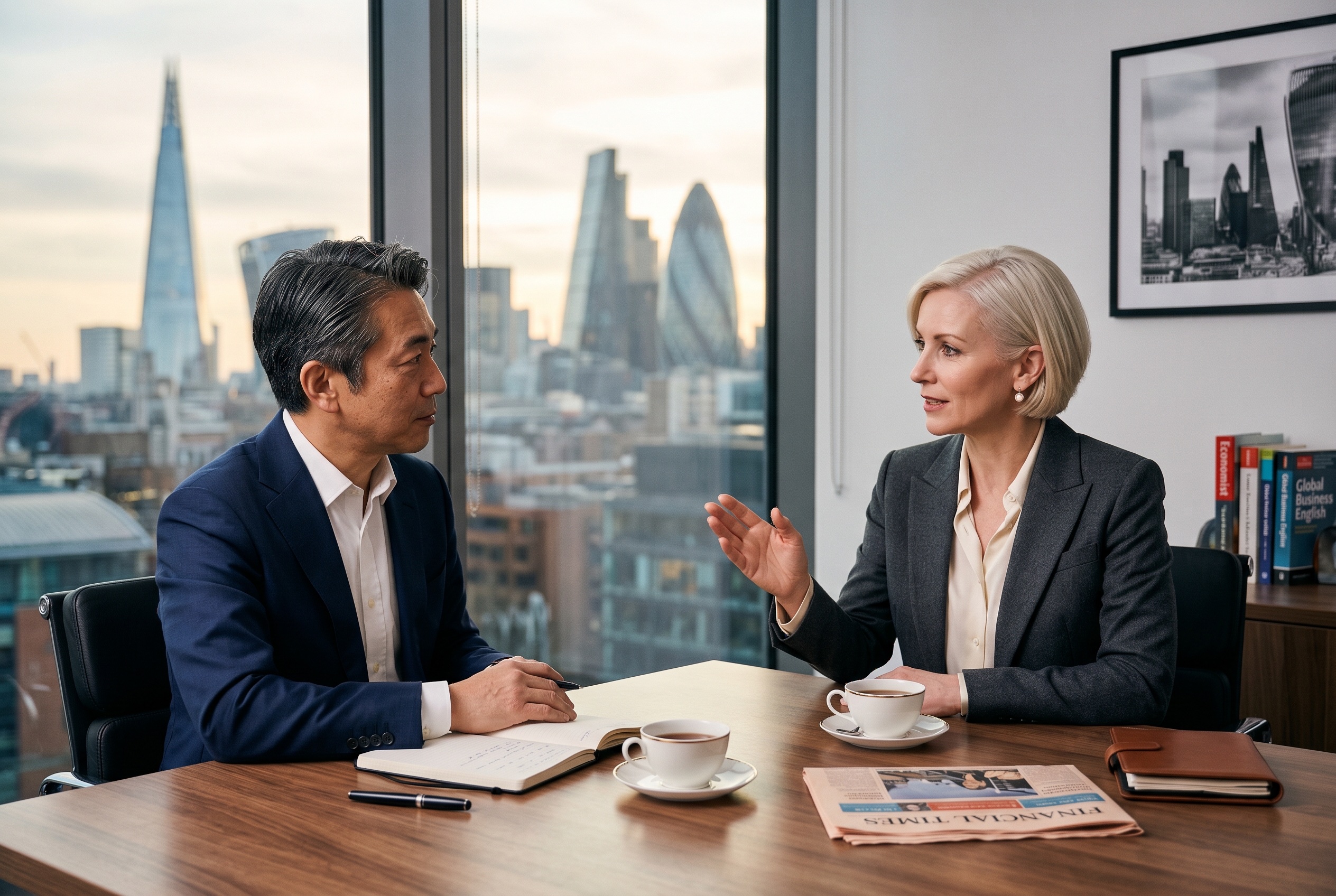 Business English tutor and adult professional student in conversation