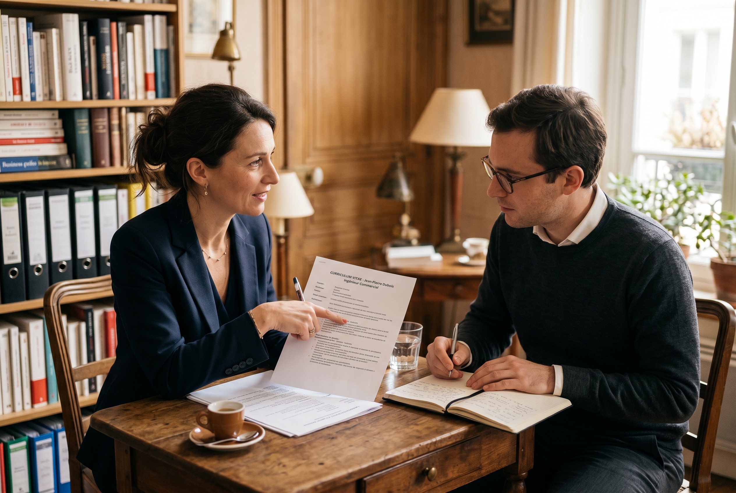 Business French tutor and adult professional student in conversation