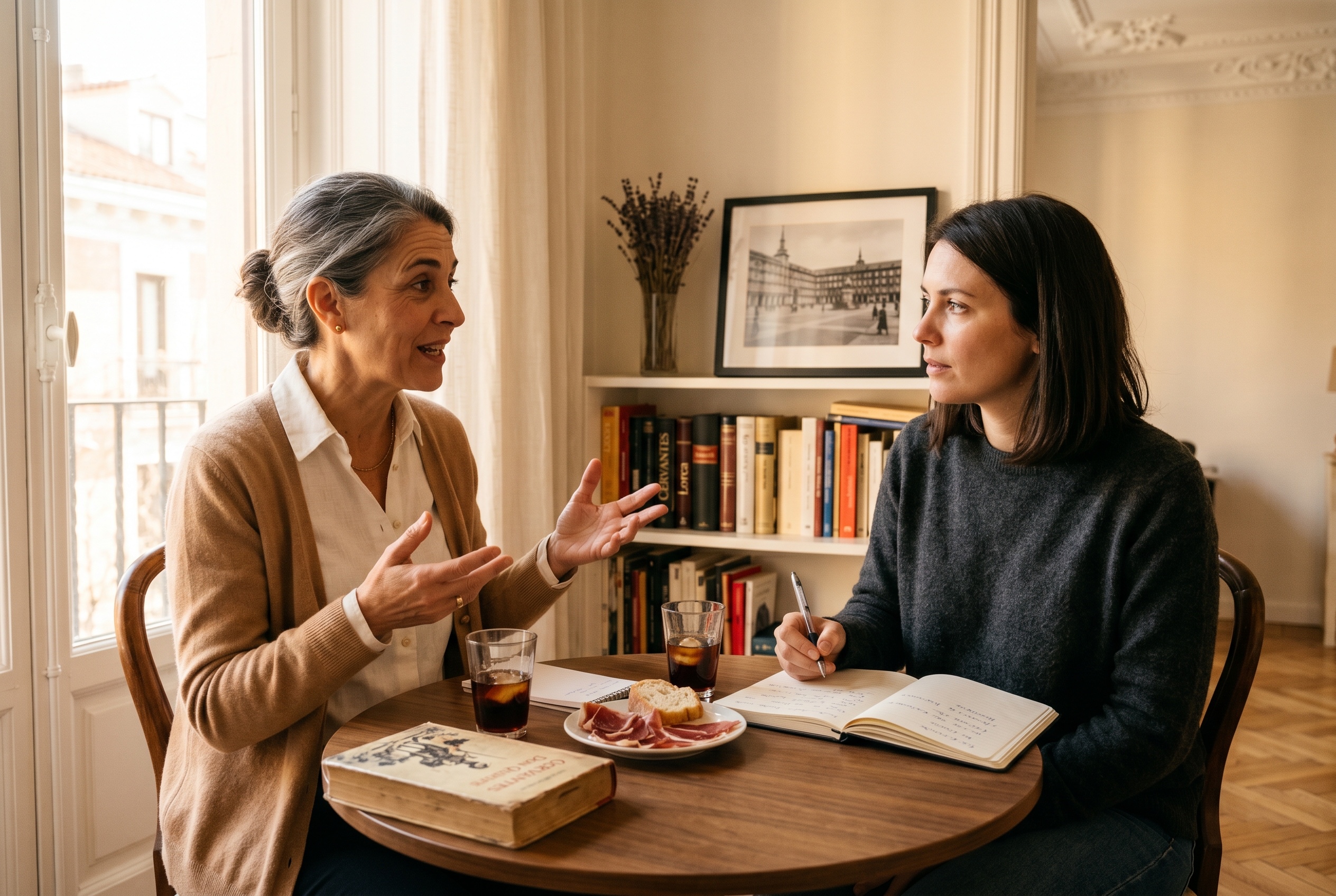 Castilian Spanish tutor and adult student in conversation in a Madrid apartment with vermouth and jamón on the table — Strommen