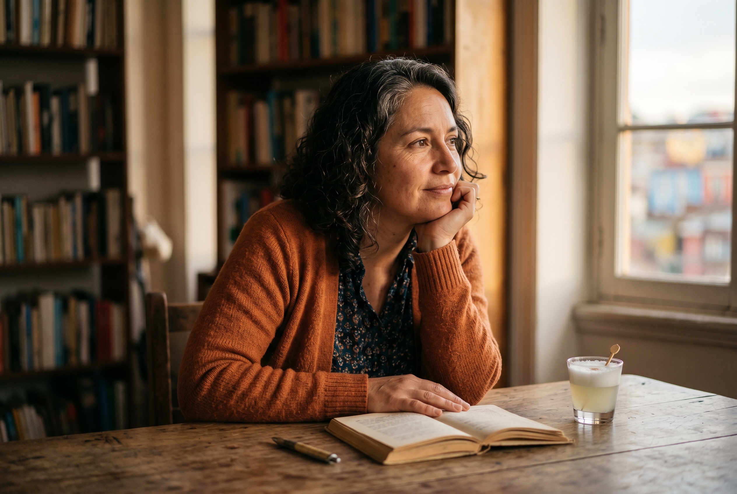 Chilean Spanish tutor and adult student in conversation in a sunlit Santiago apartment — Strommen