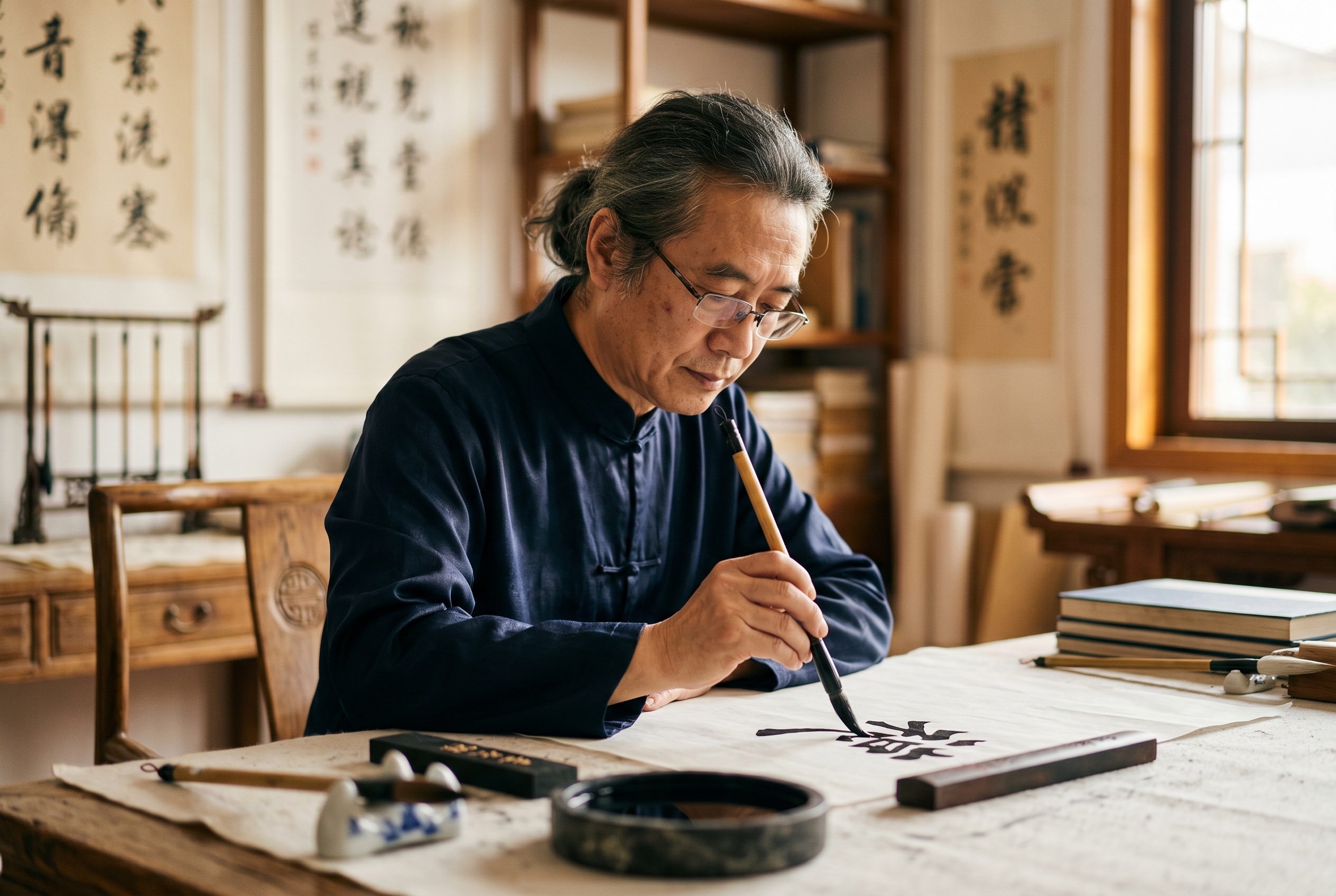 Chinese calligraphy tutor guiding a student through brush strokes — Strommen