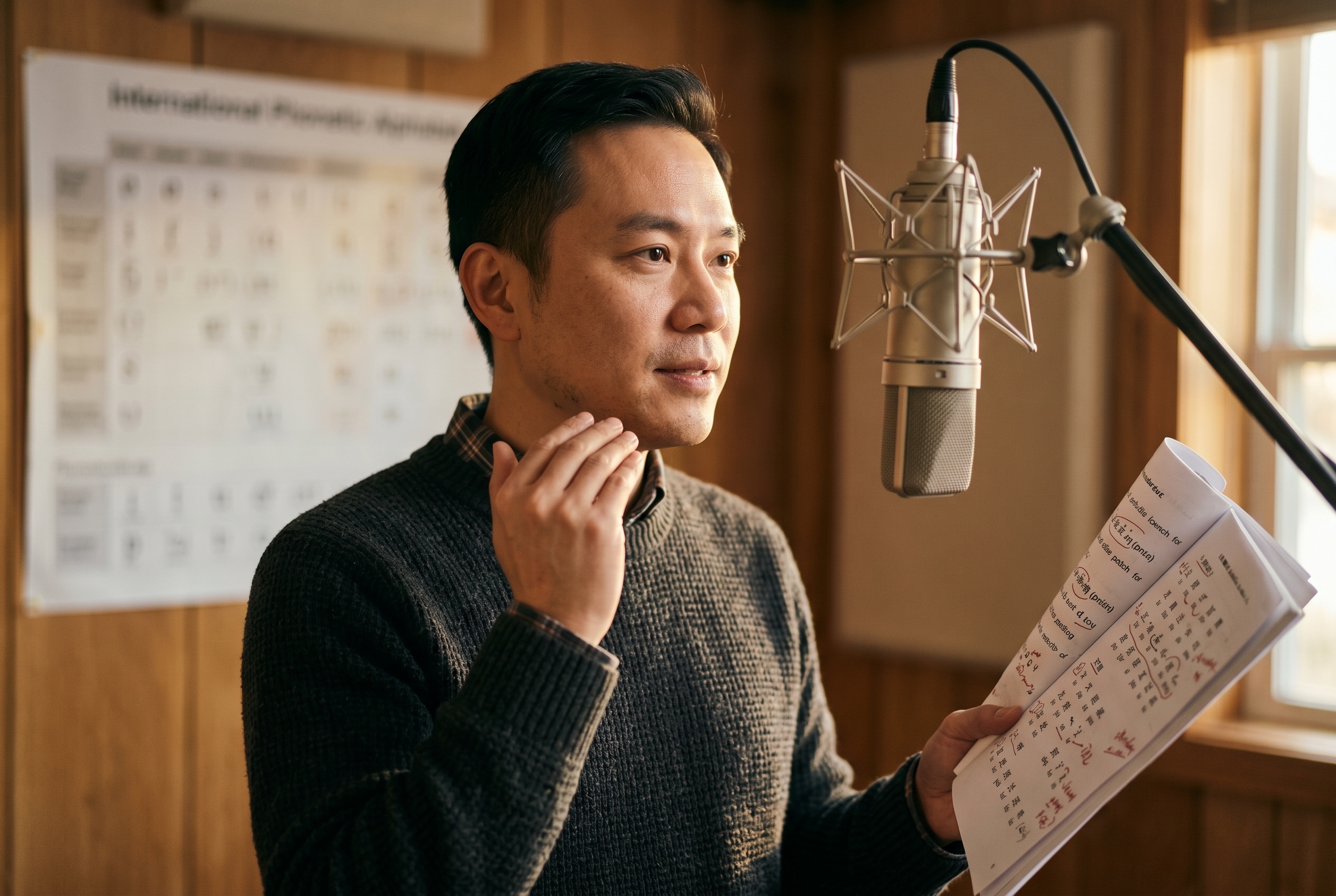 Chinese dialect coach working through a script with an actor