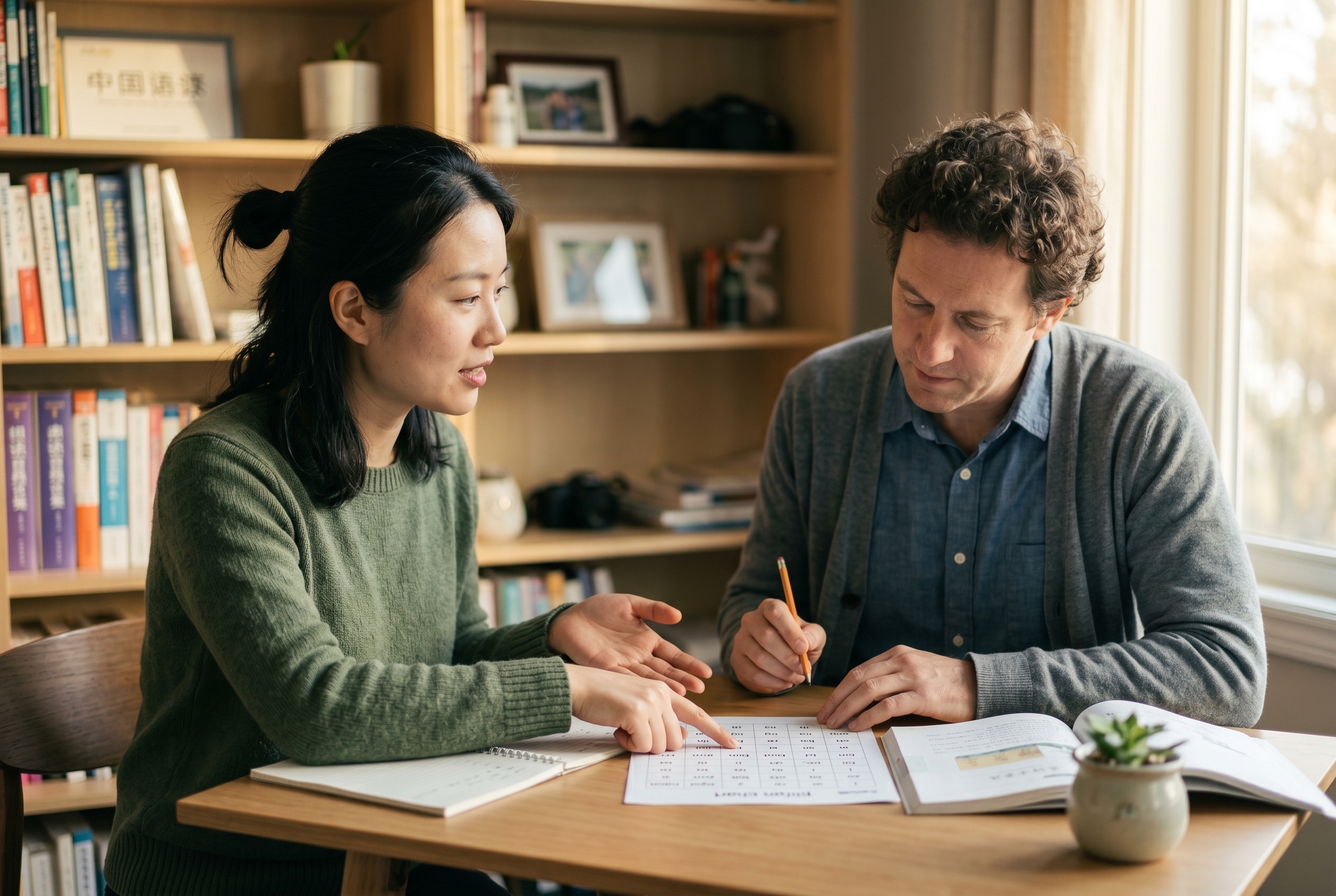 Beginner Chinese tutor and adult student in a lesson — Strommen