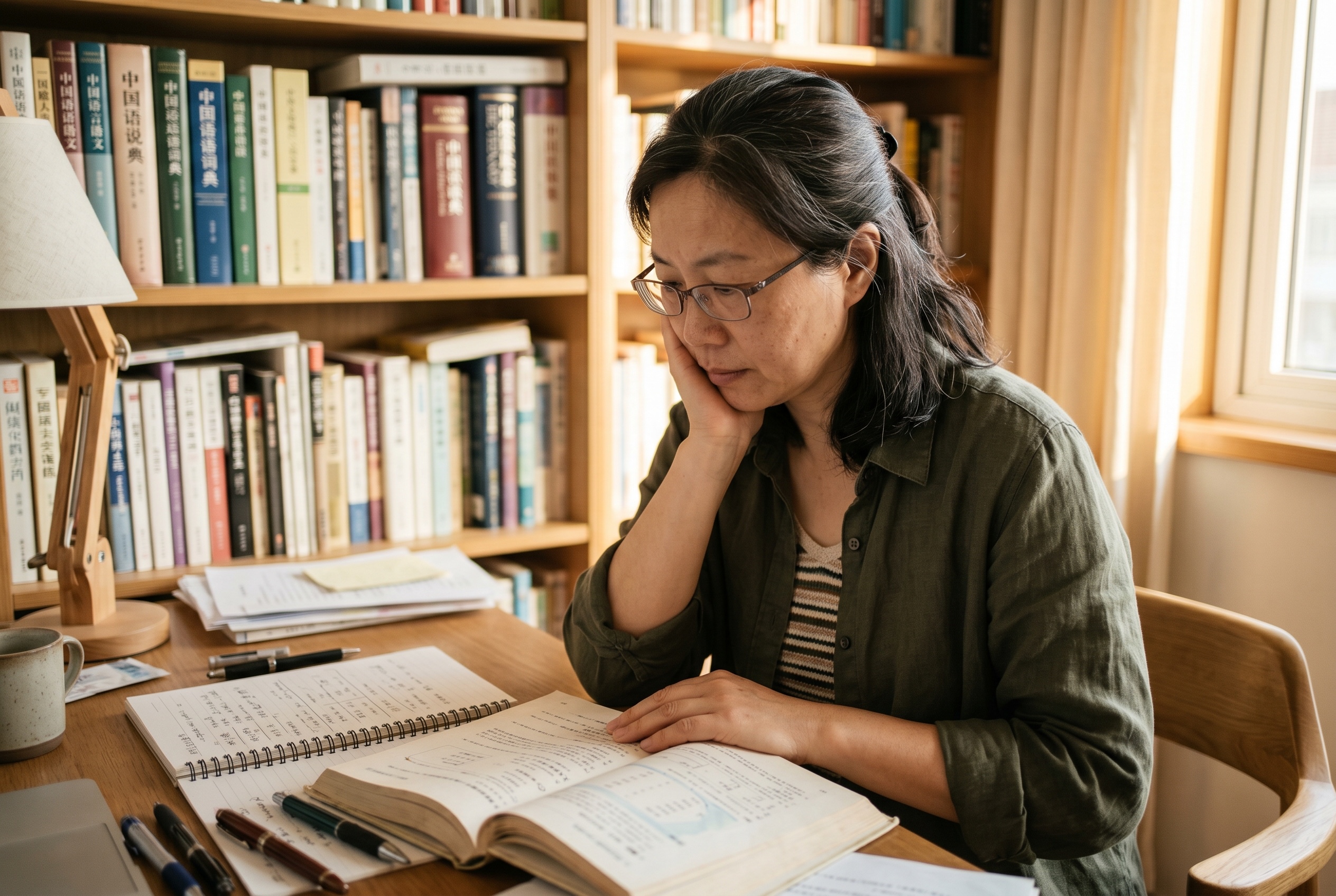 Chinese grammar tutor walking an adult student through measure words and topic-comment sentence frames — Strommen