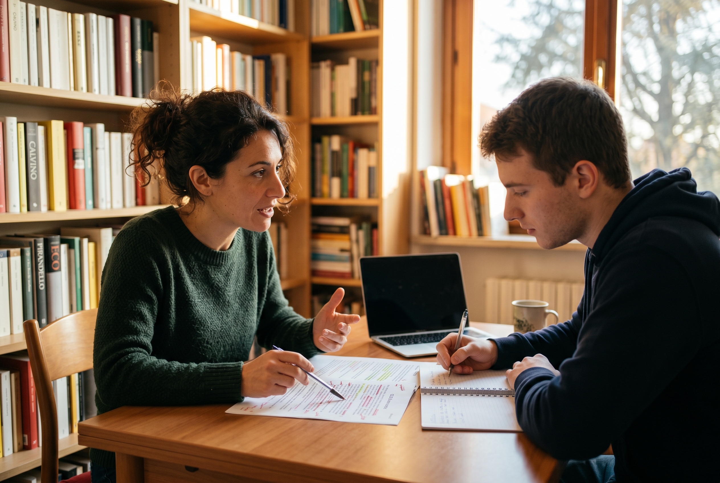 CILS DUE B2 prep tutor and adult university-track student reviewing an opinion essay