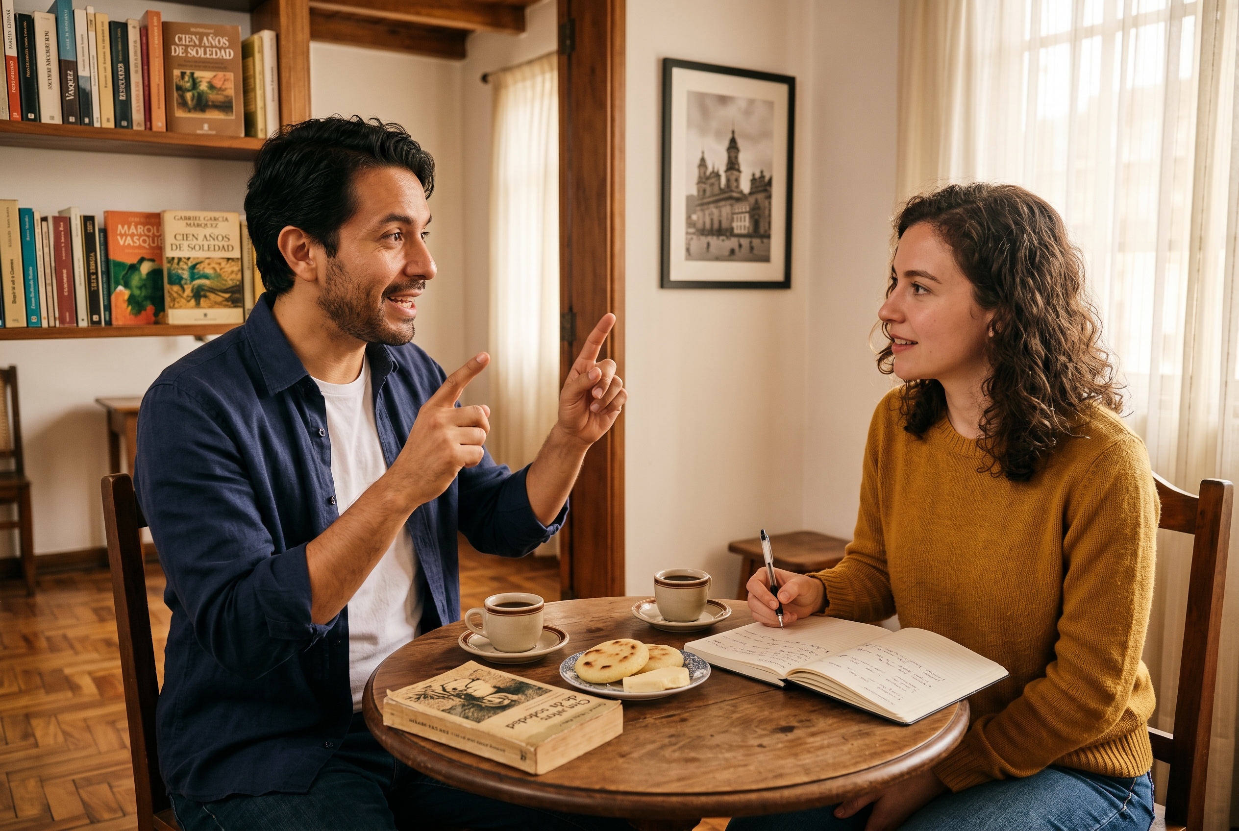 Colombian Spanish tutor and adult student in conversation in a Bogotá apartment with tinto and arepas on the table — Strommen