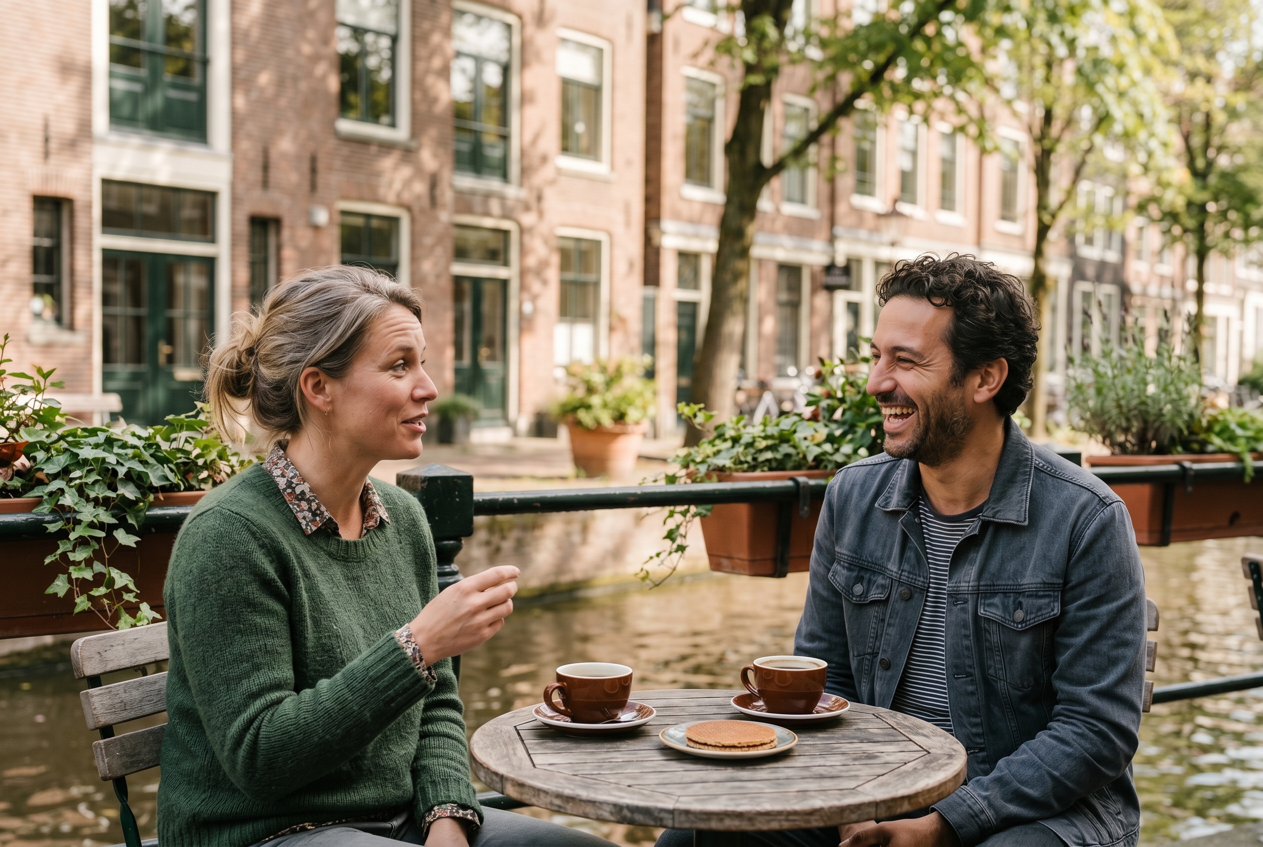 Dutch tutor in conversation with an adult student in a sunlit café — Strommen
