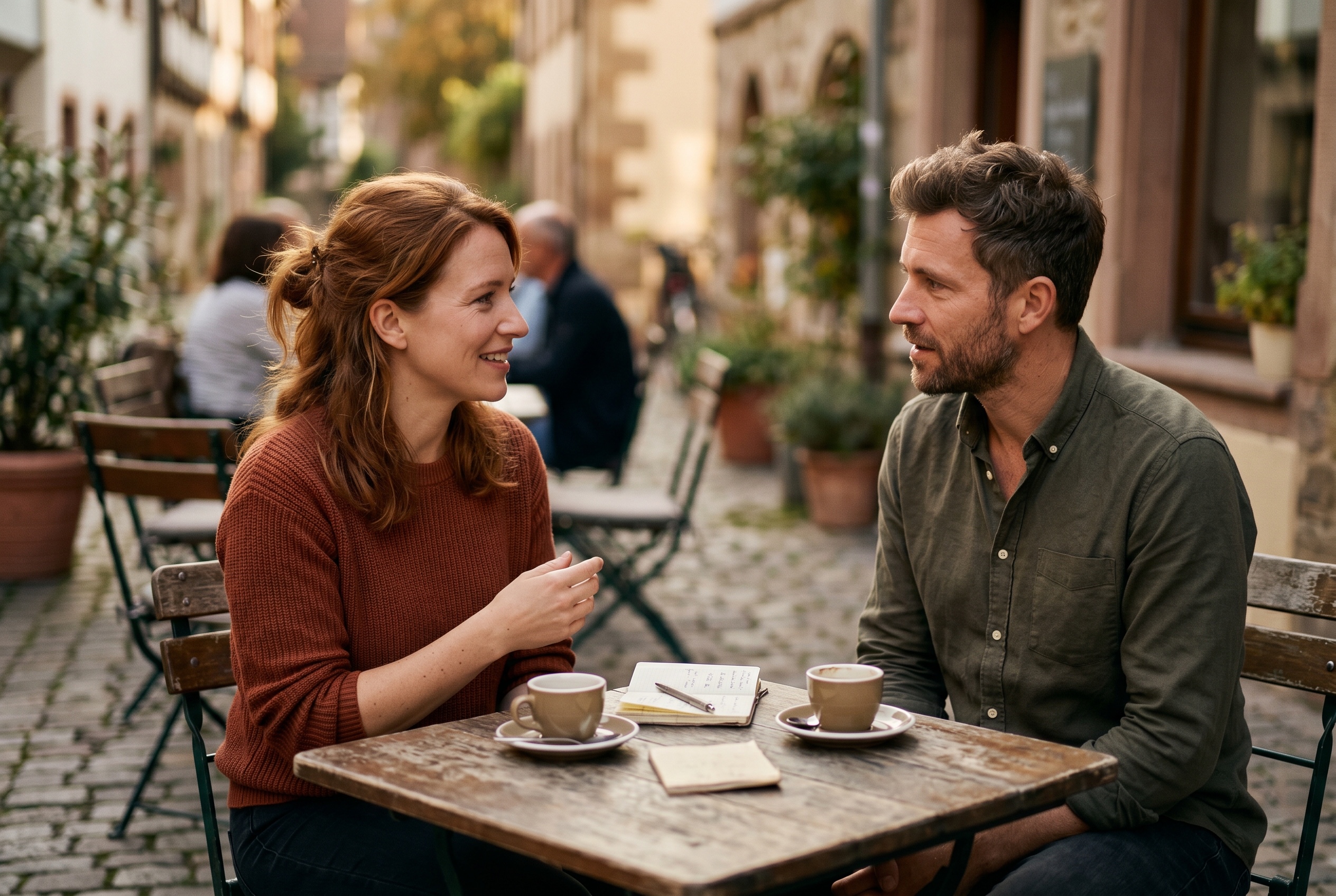 Conversational German tutor and adult student in casual spoken practice