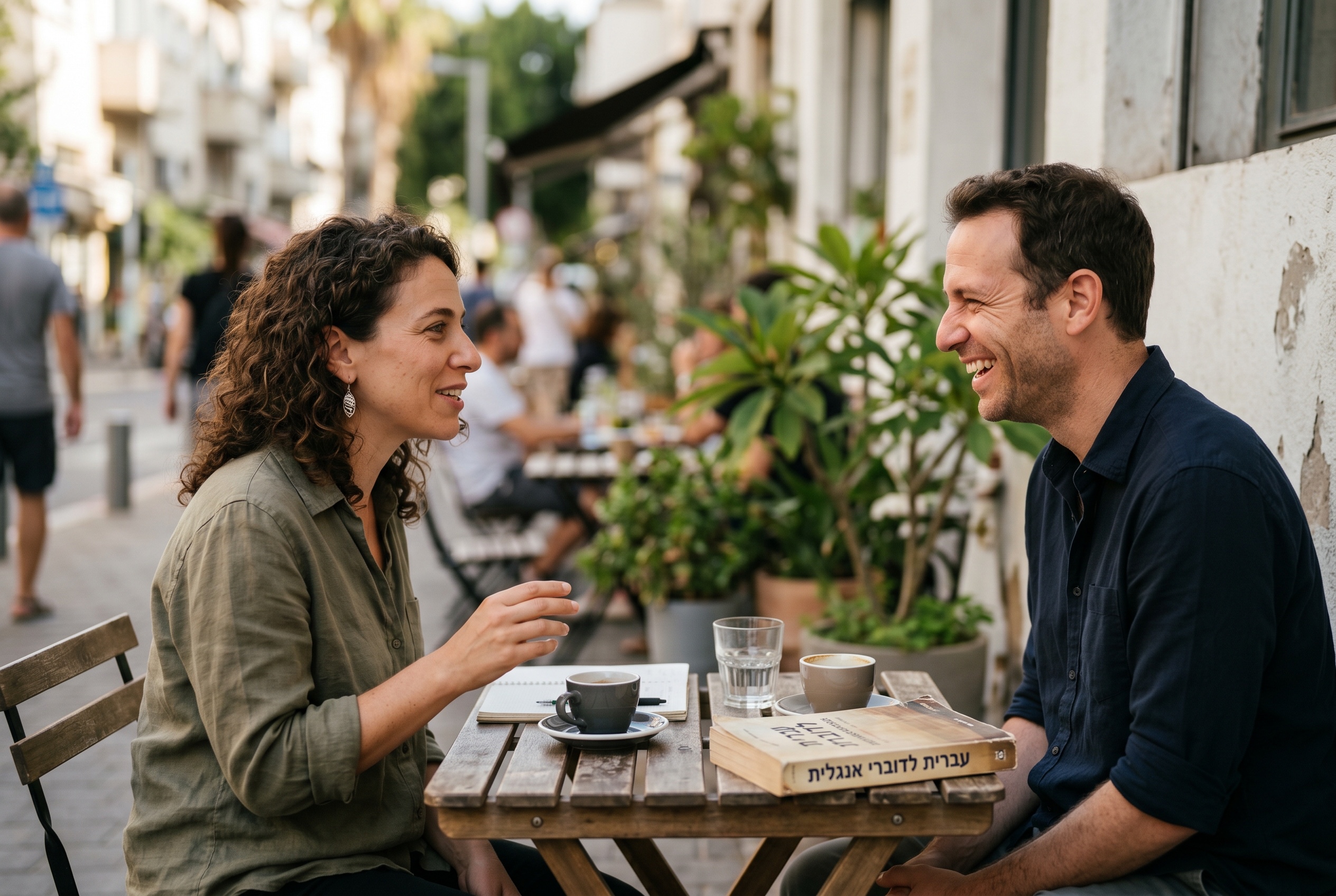 Conversational Hebrew tutor and adult student in animated everyday conversation — Strommen