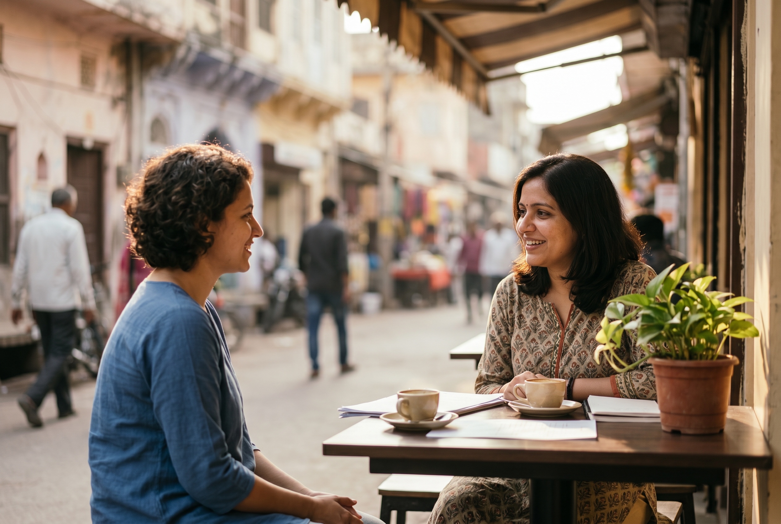 Conversational Hindi tutor and adult student in casual Hindi-English code-switching practice — Strommen