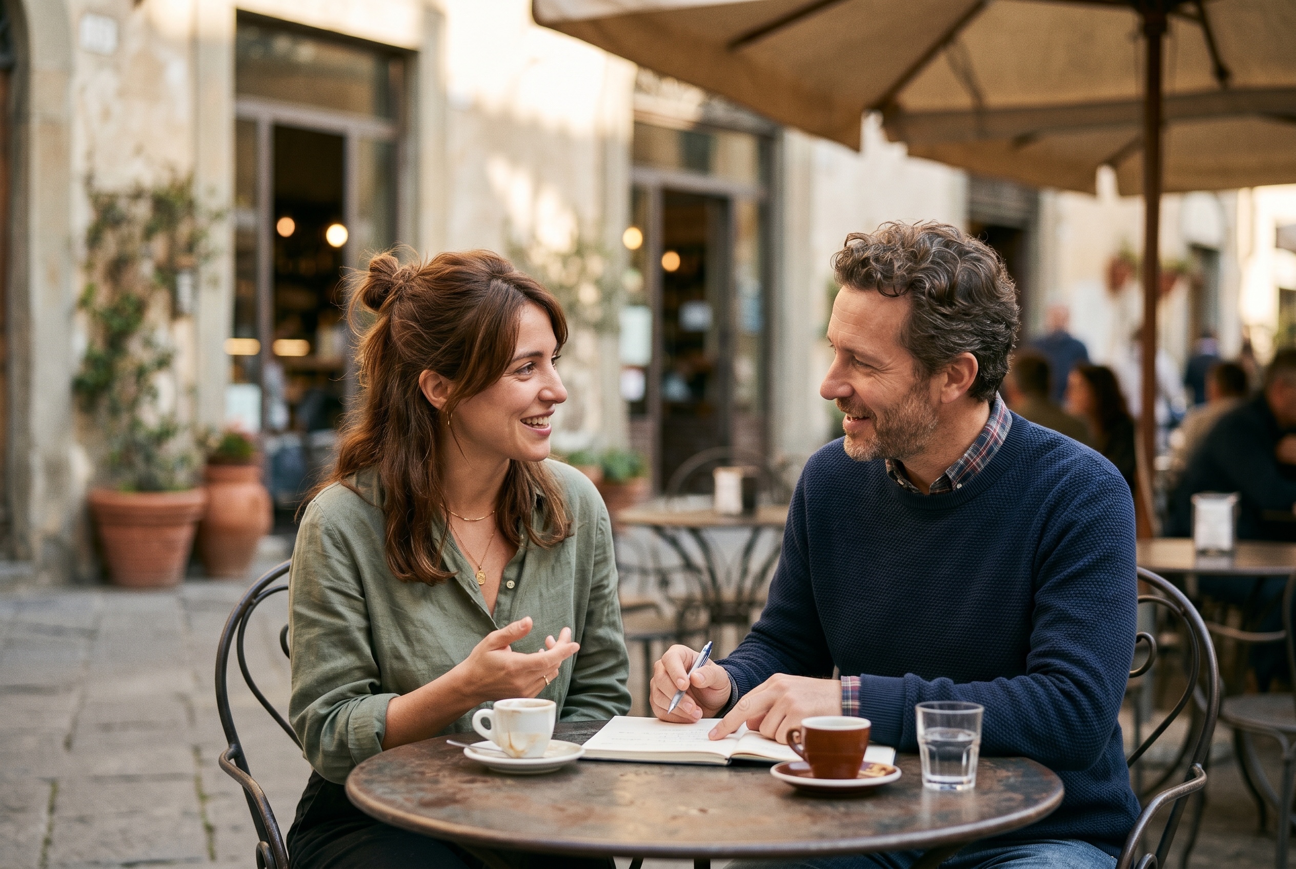 Conversational Italian tutor in animated conversation with an adult student