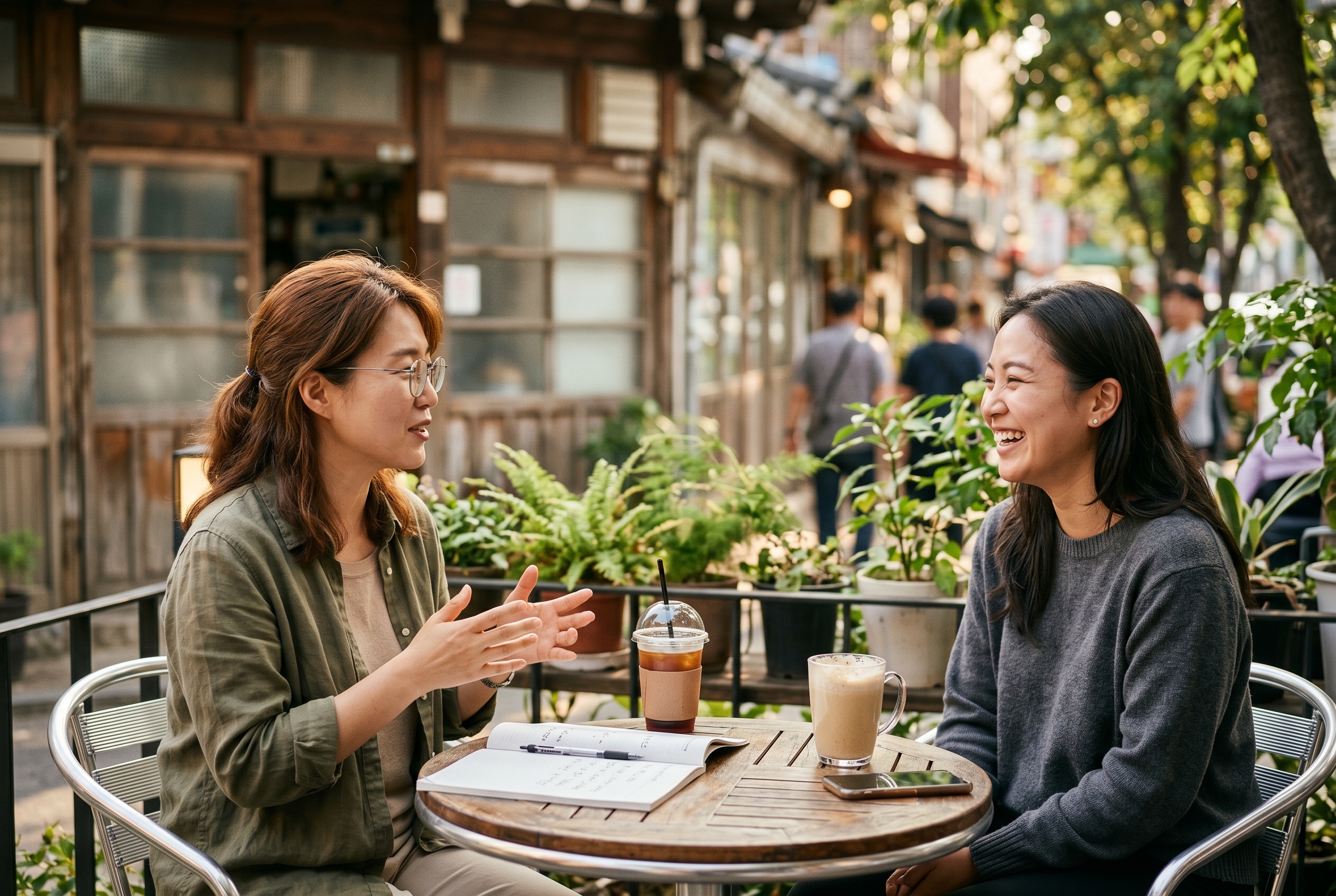 Conversational Korean tutor and adult student talking over coffee in an everyday lesson — Strommen