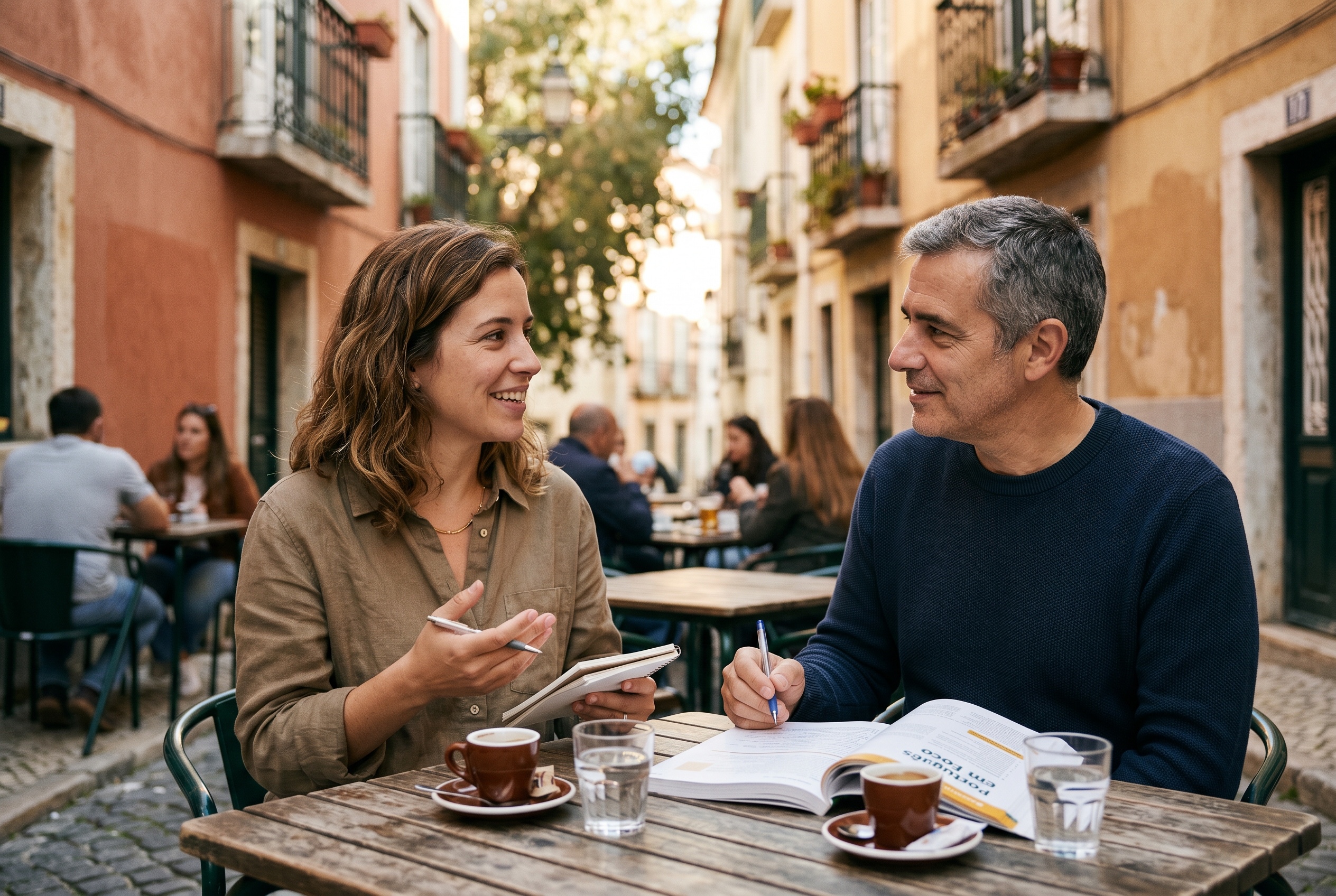 Brazilian Portuguese tutor in casual conversation with an adult student over coffee — Strommen