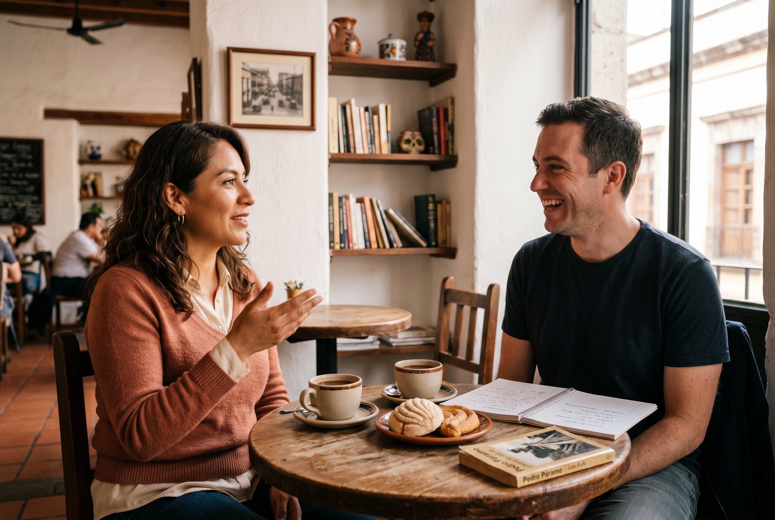 Spanish tutor in conversation with an adult student