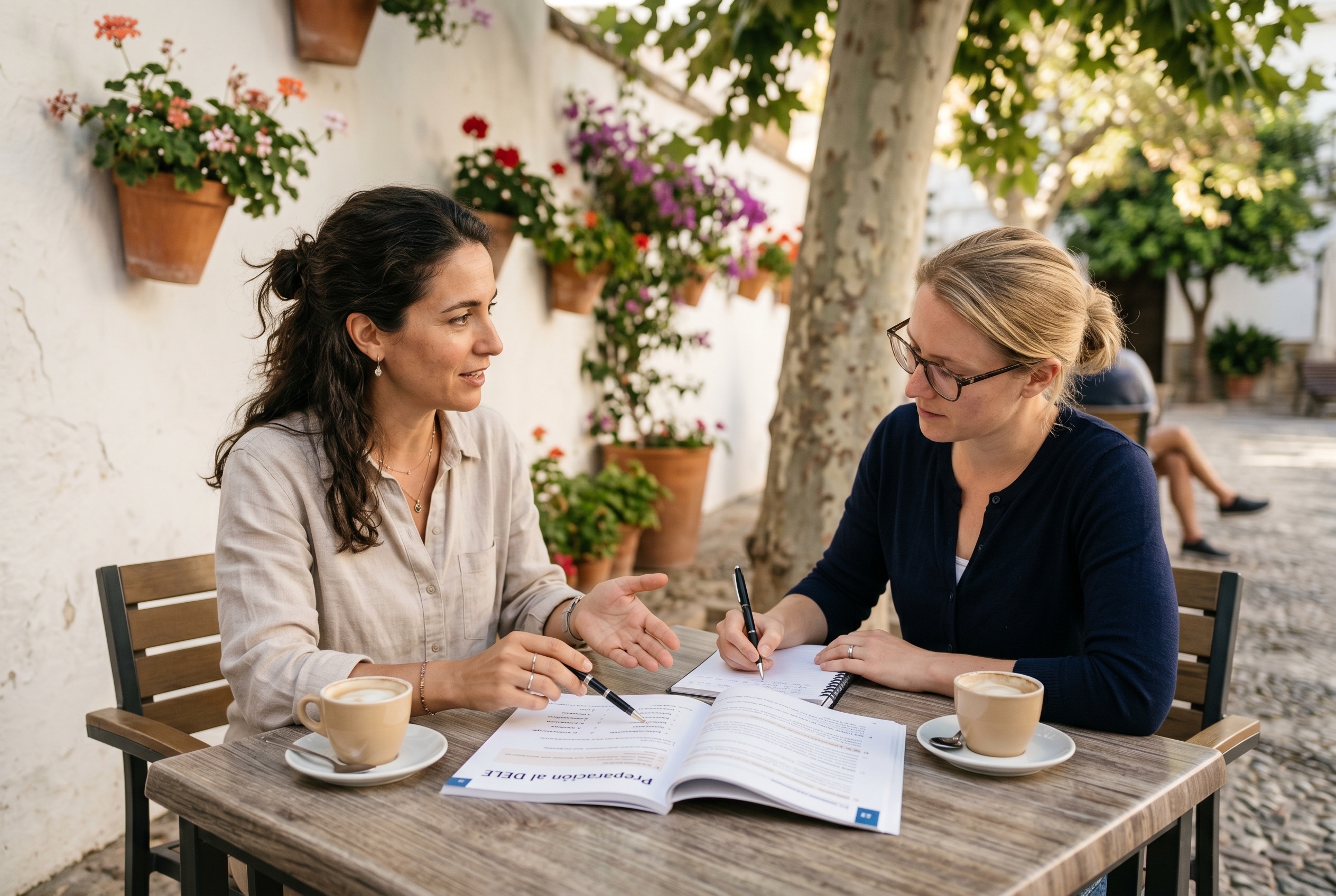 DELE prep tutor and adult student working through a sample paper together — Strommen
