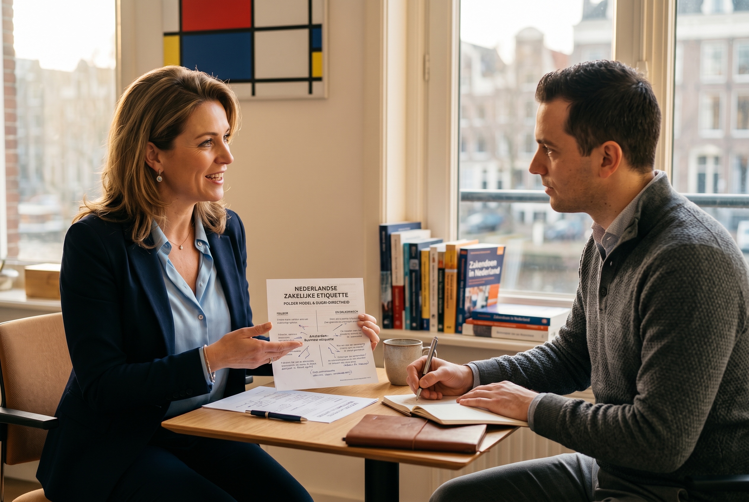 Business Dutch tutor working with an adult professional student in a modern office — Strommen
