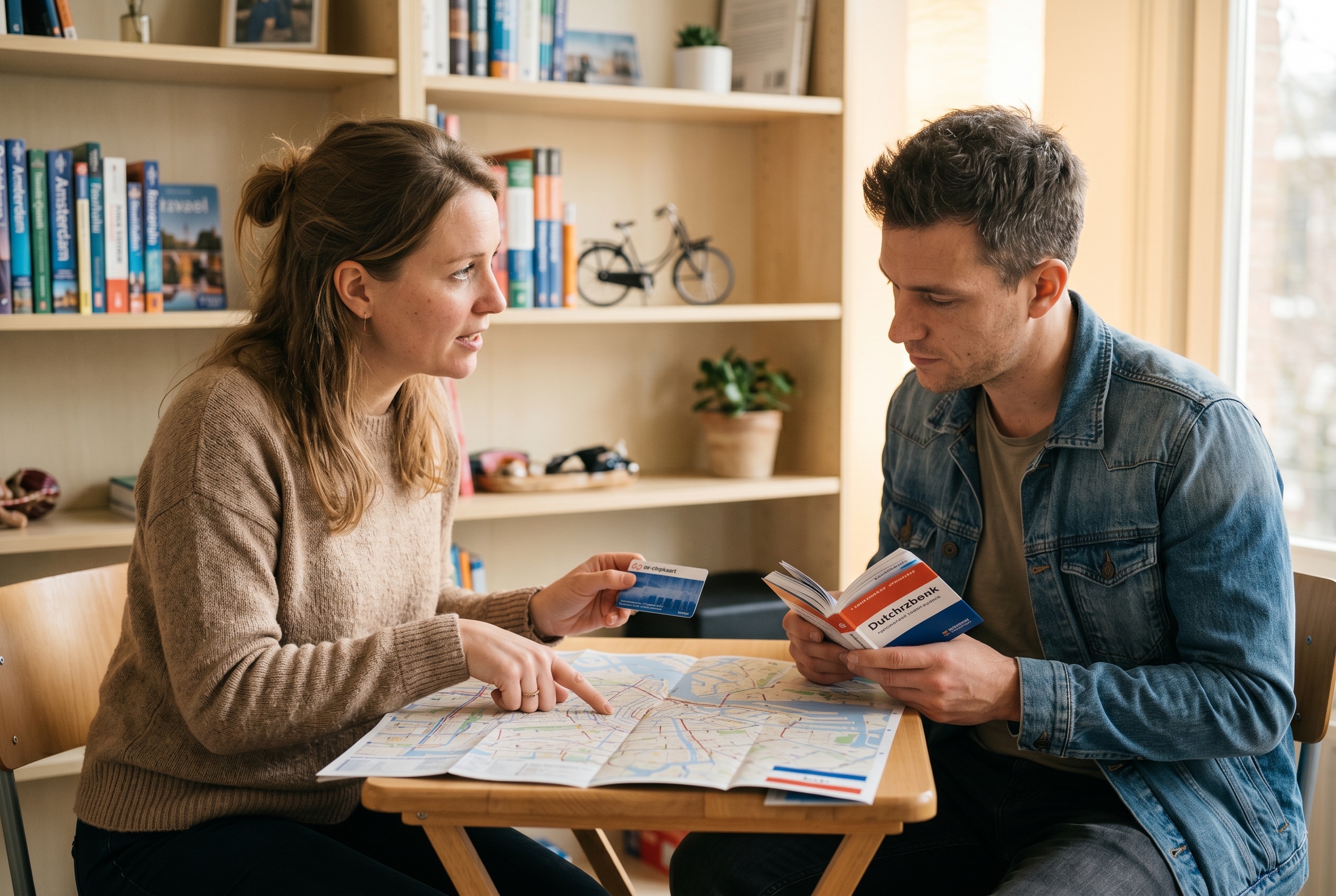 Dutch tutor preparing a traveler with restaurant vocabulary in a sunlit café — Strommen