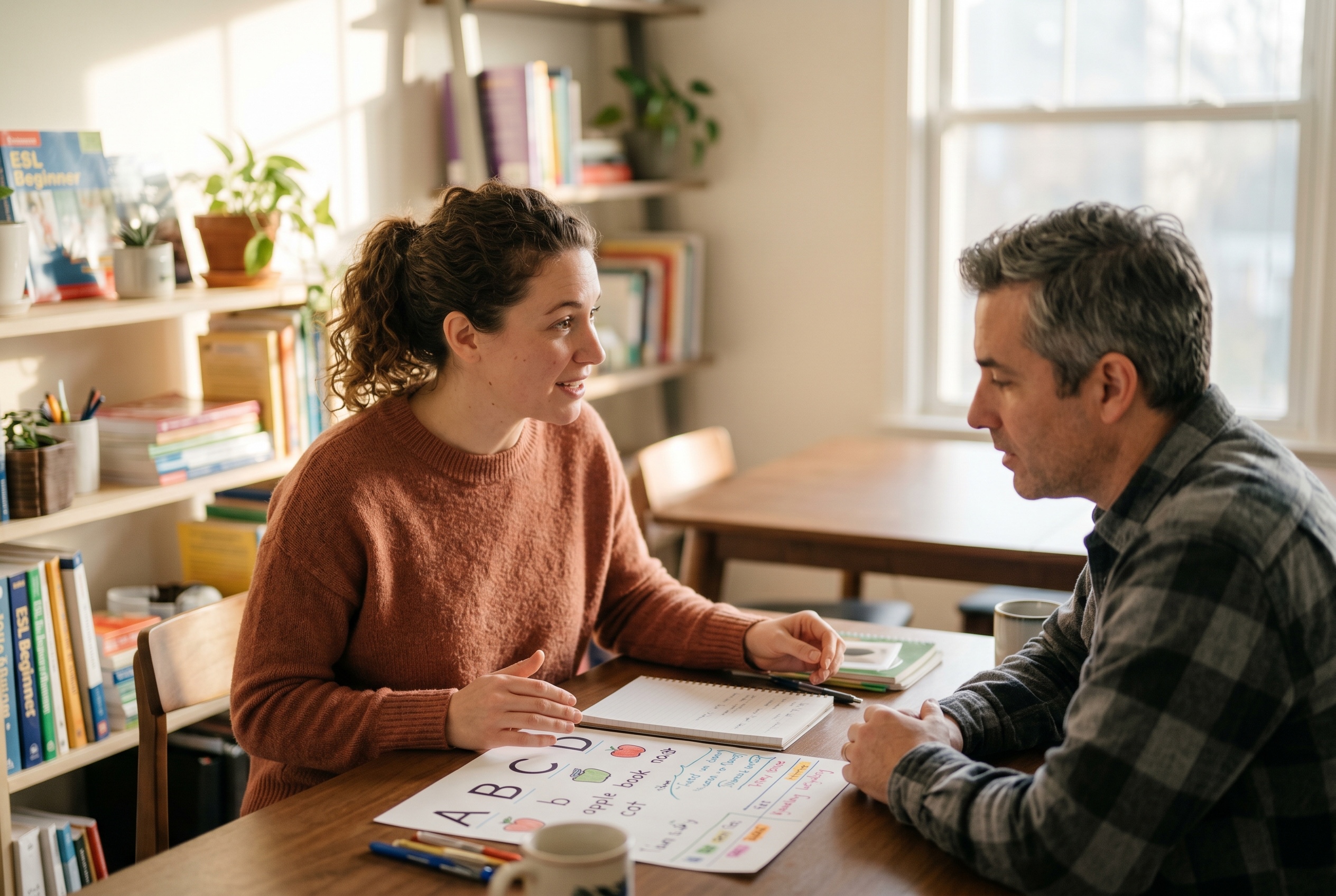 English-for-beginners tutor and adult ESL student working through first phrases in a lesson