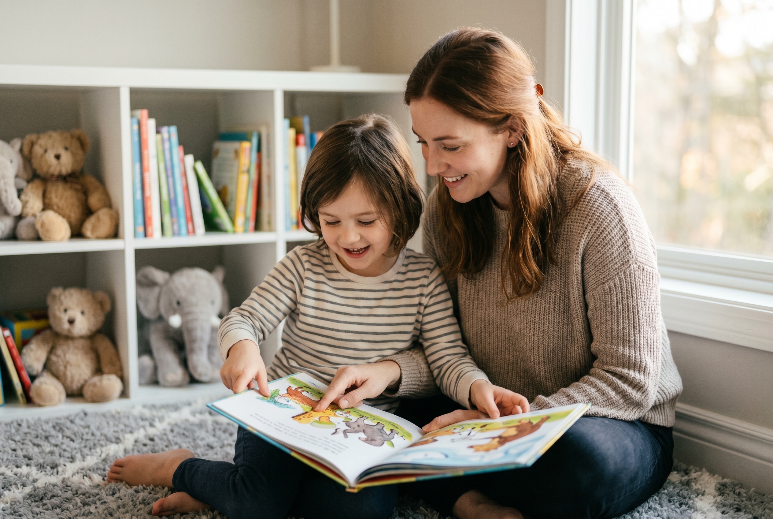 English tutor reading a picture book with a young child during a lesson