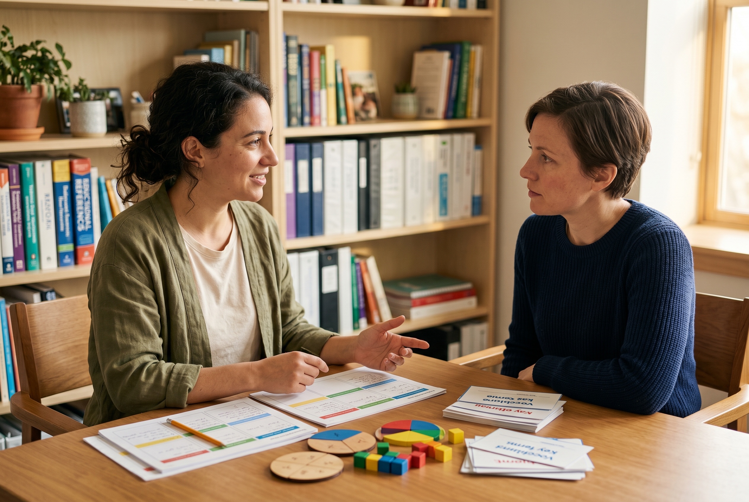English tutor working one-on-one with a special-needs student using visual scaffolds — Strommen