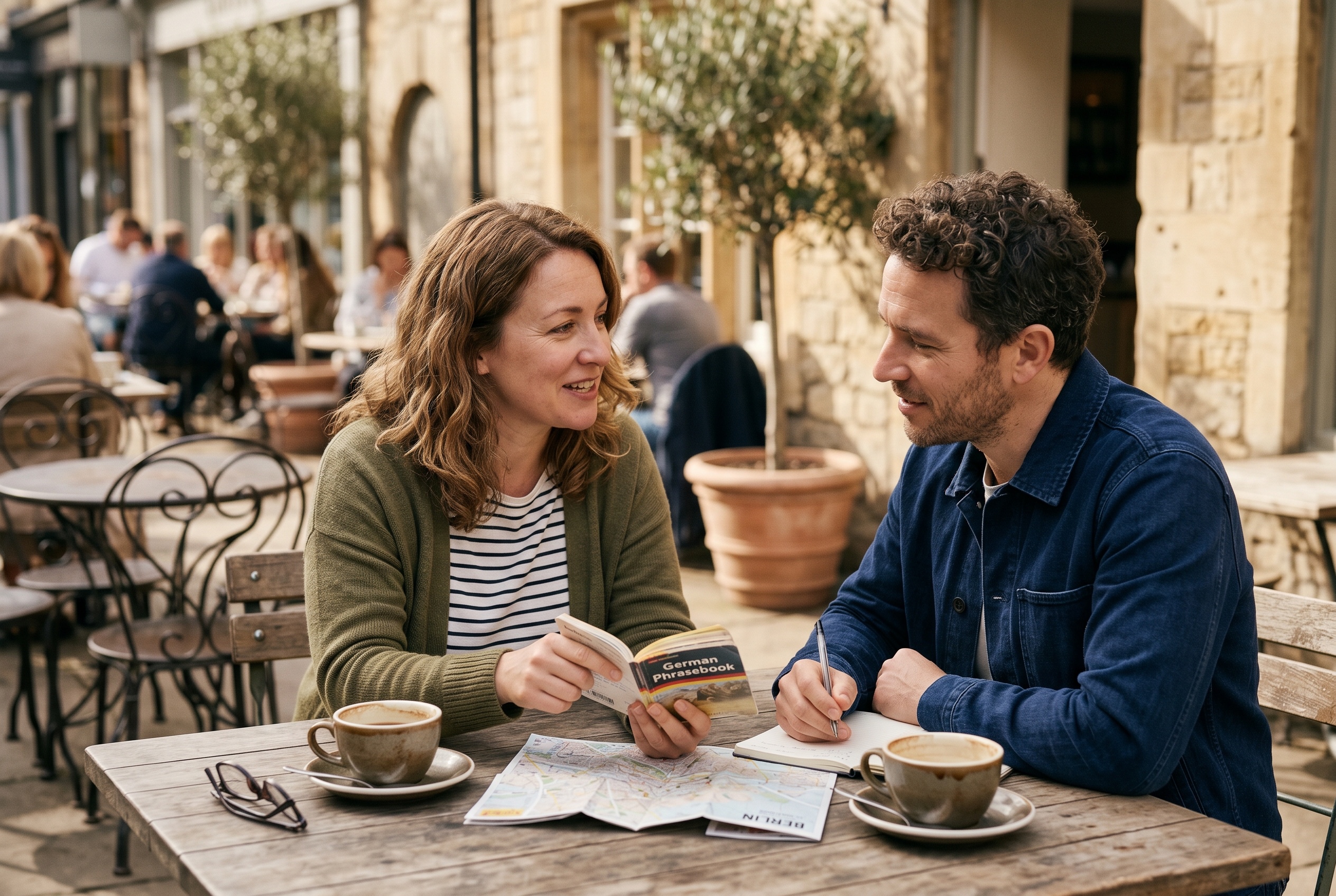 English-for-travel tutor and adult student rehearsing travel scenarios in a lesson