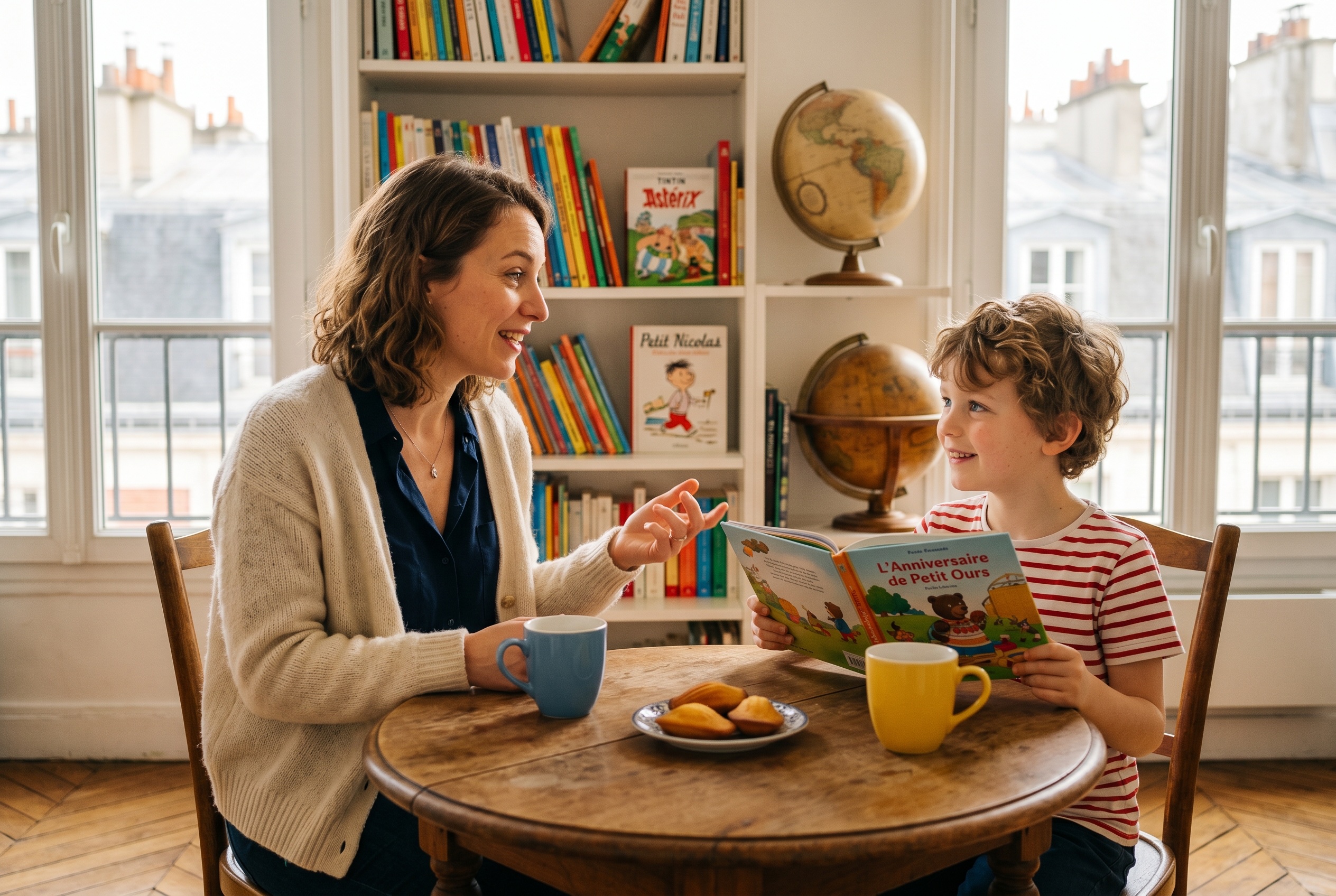 French tutor reading with a young student