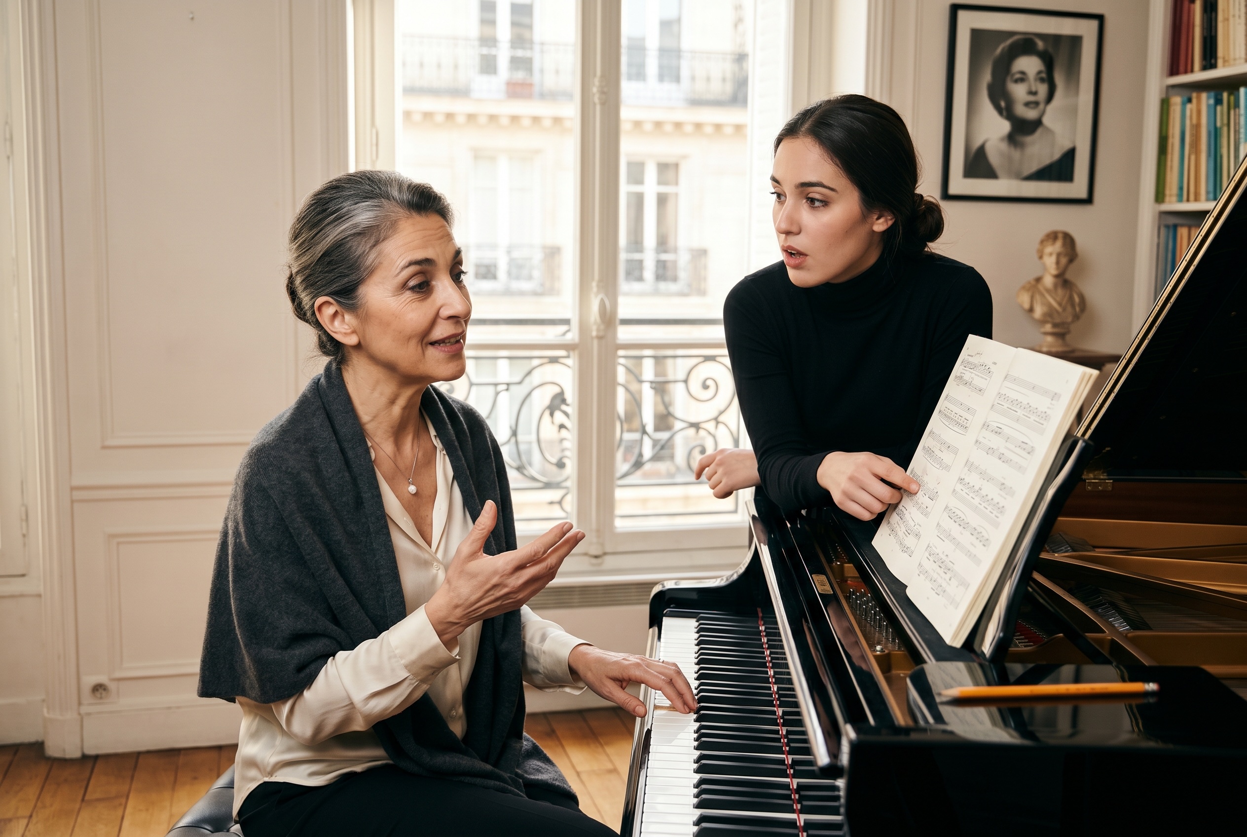 French opera coach working with a singer at the piano