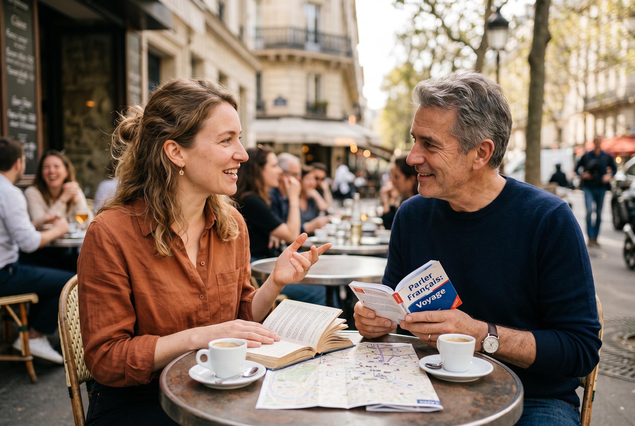 French tutor preparing a traveler with restaurant vocabulary in a sunlit Paris-style café — Strommen