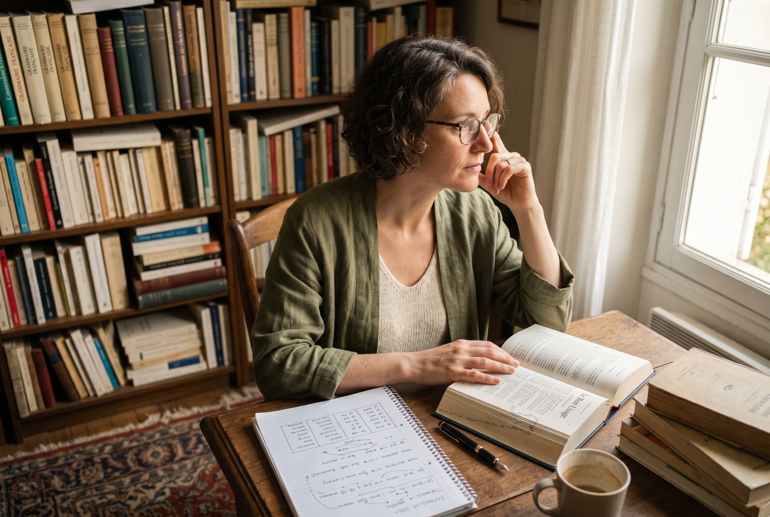 French grammar tutor working through verb conjugations with an intermediate adult student — Strommen