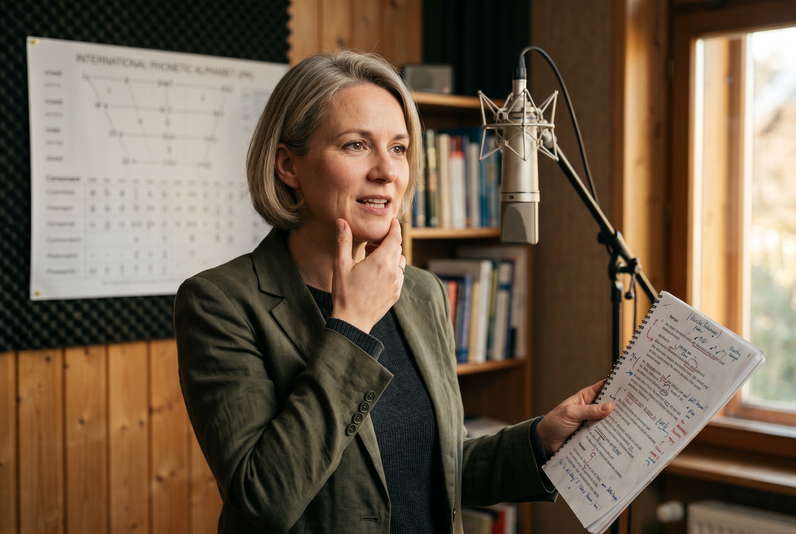 German dialect coach working through a script with an actor in a sunlit studio