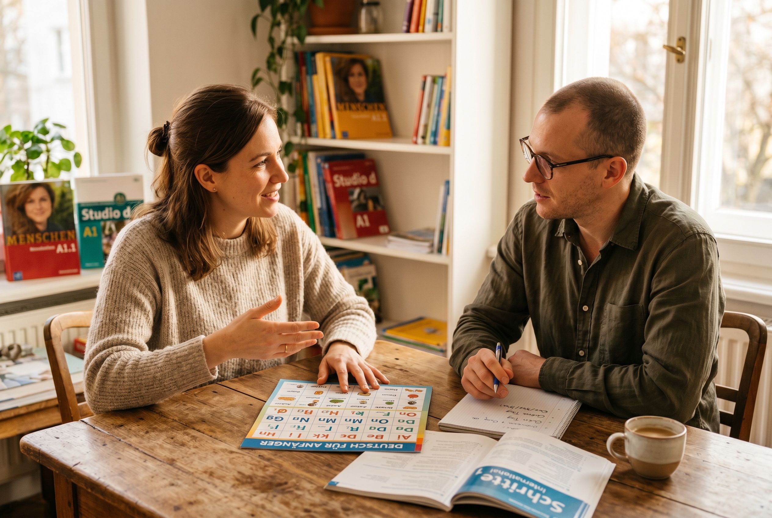 German tutor introducing basic vocabulary to an adult beginner student
